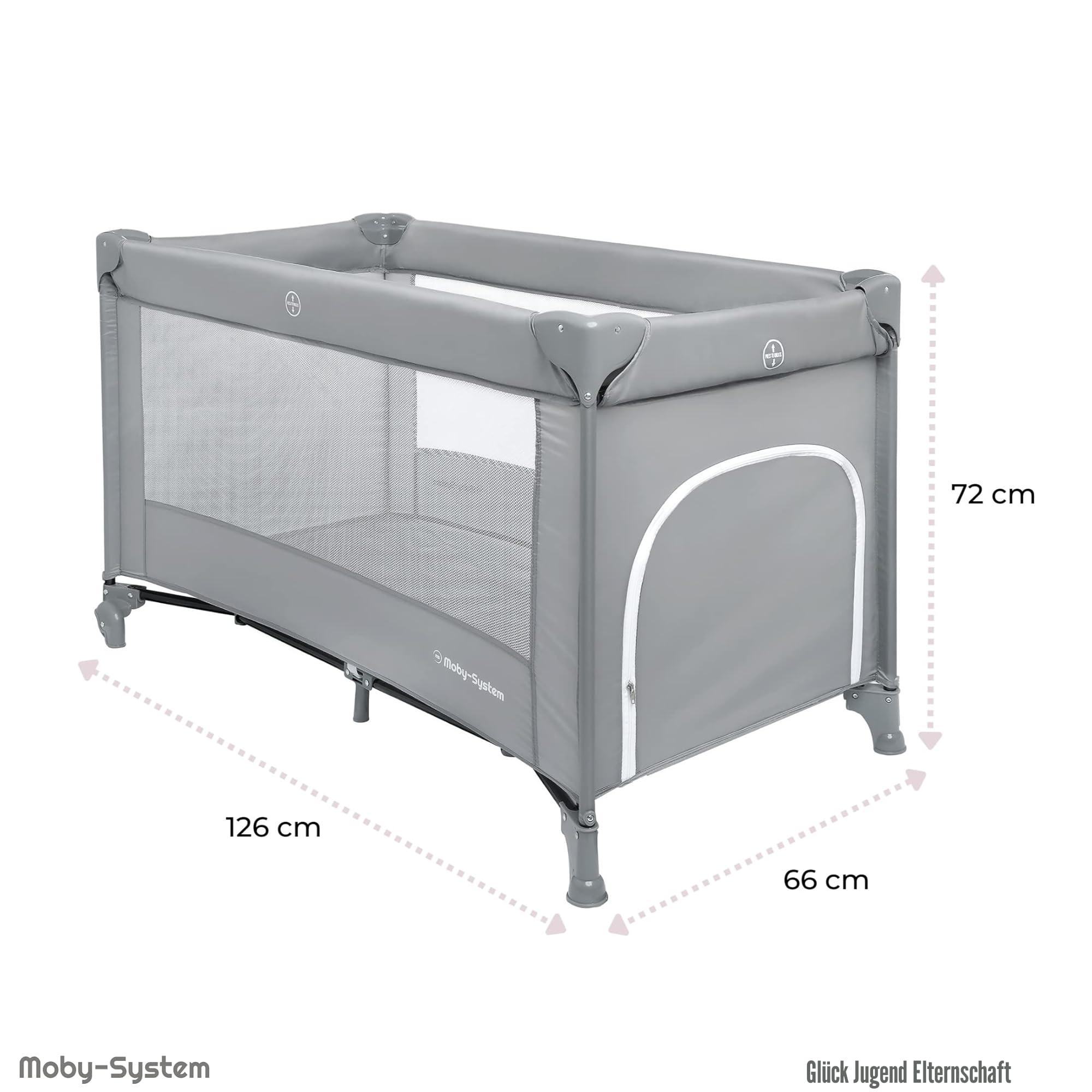 Moby-System Baby Reisebett 128x68 cm – faltbares Kinderreisebett mit Matratze & Tragetasche – Laufstall mit Seitenausgang – für Babys bis 15 kg - Grau