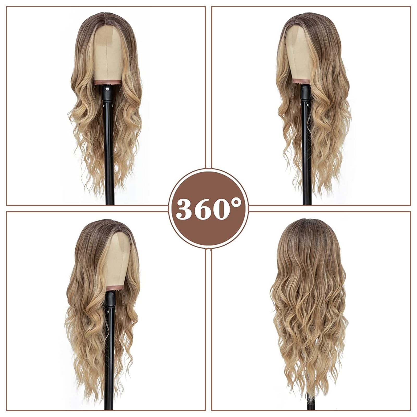 Peluca Sintética de Onda Natural Larga Ombre Marrón a Dorado para Mujer Carnaval Cosplay