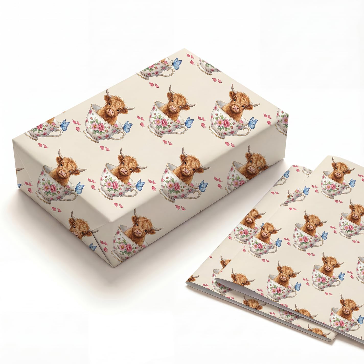 SHSEEN Teacup Highland Cow Wrapping Paper, 2 Sheets, 19.7 x 27.6 in — image 1