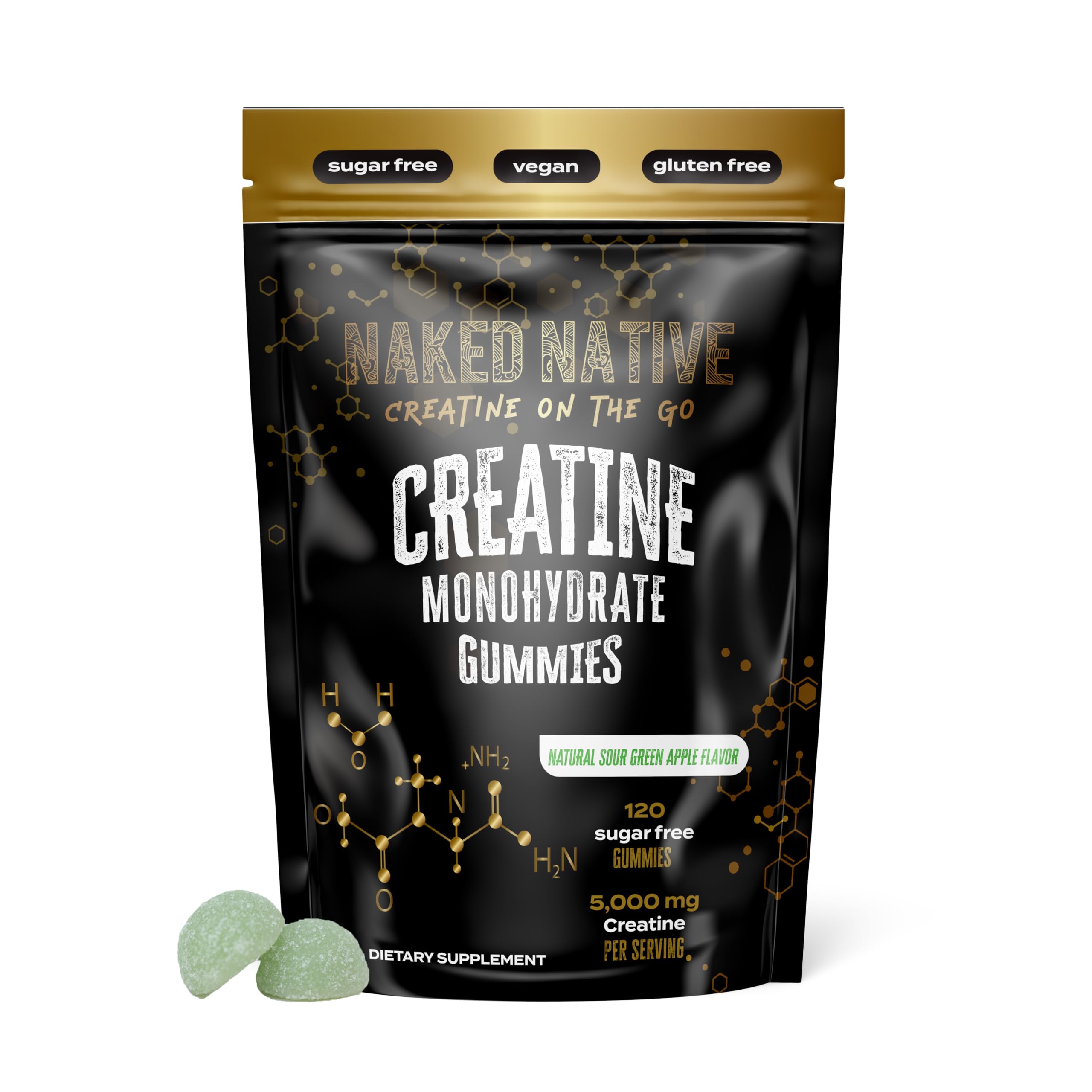 Gomitas de monohidrato de creatina NAKED NATIVE de 5000 mg, masticables para hombres y mujeres, para aumentar la fuerza y desarrollar la masa muscular, energizantes, sin gluten, sin azúcar, veganas - 120 unidades, sabor manzana verde