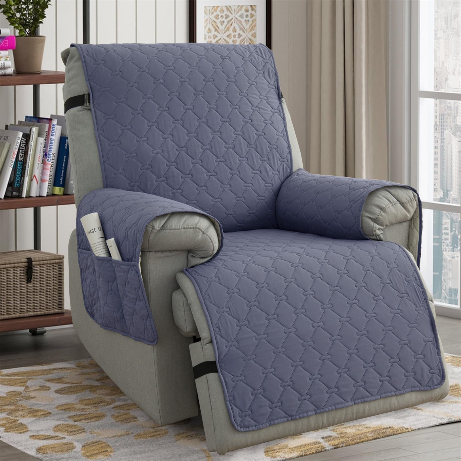Copripoltrona Relax Reclinabile 1 Posto Impermeabile, Copri Poltrona Elettrica Antiscivolo Universale, Antigraffio Fodera Poltrona Laterali con Tasche (Blu Grigio,25 x 91 inch)