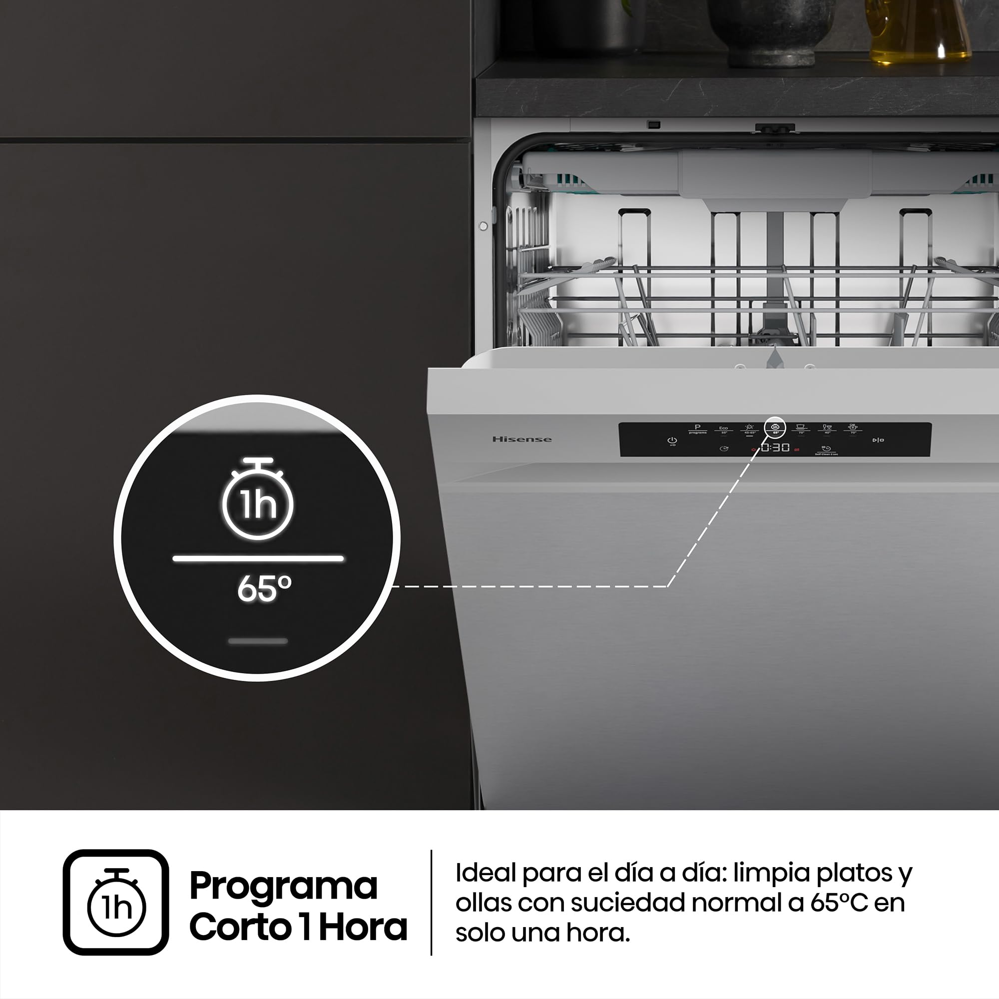 Hisense HS643B90X - Lavavajillas Clase B, 15 Servicios, Fondo 60cm, Secado Extra, Programa Automático, Tercera Bandeja, Programa Corto 1 hora, 15 Servicios, Aqua Protect System, Control Táctil, Inox