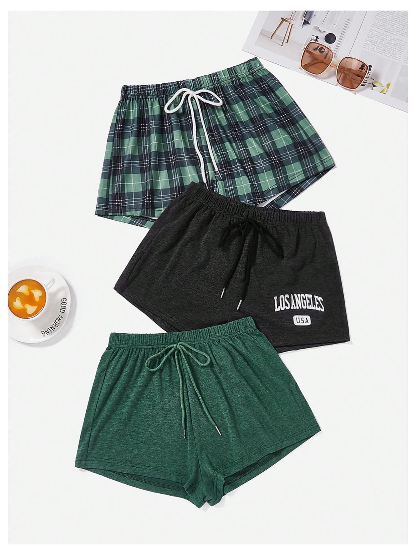 WDIRARA Women's 3 Pack Plaid Letter Graphic Pajama Shorts Elastic Waist Pj Lounge Shorts: Small Green Black