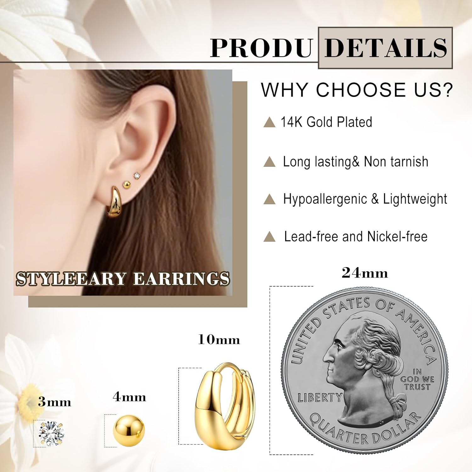 Gold Earrings for Women, Small Chunky 14K Gold Plated Hypoallergenic Huggie Hoop Earring Sets for Multiple Piercing, Lightweight Stud Earrings,Tiny Ball CZ Cartilage Earrings Stack 3Pairs - Image 4