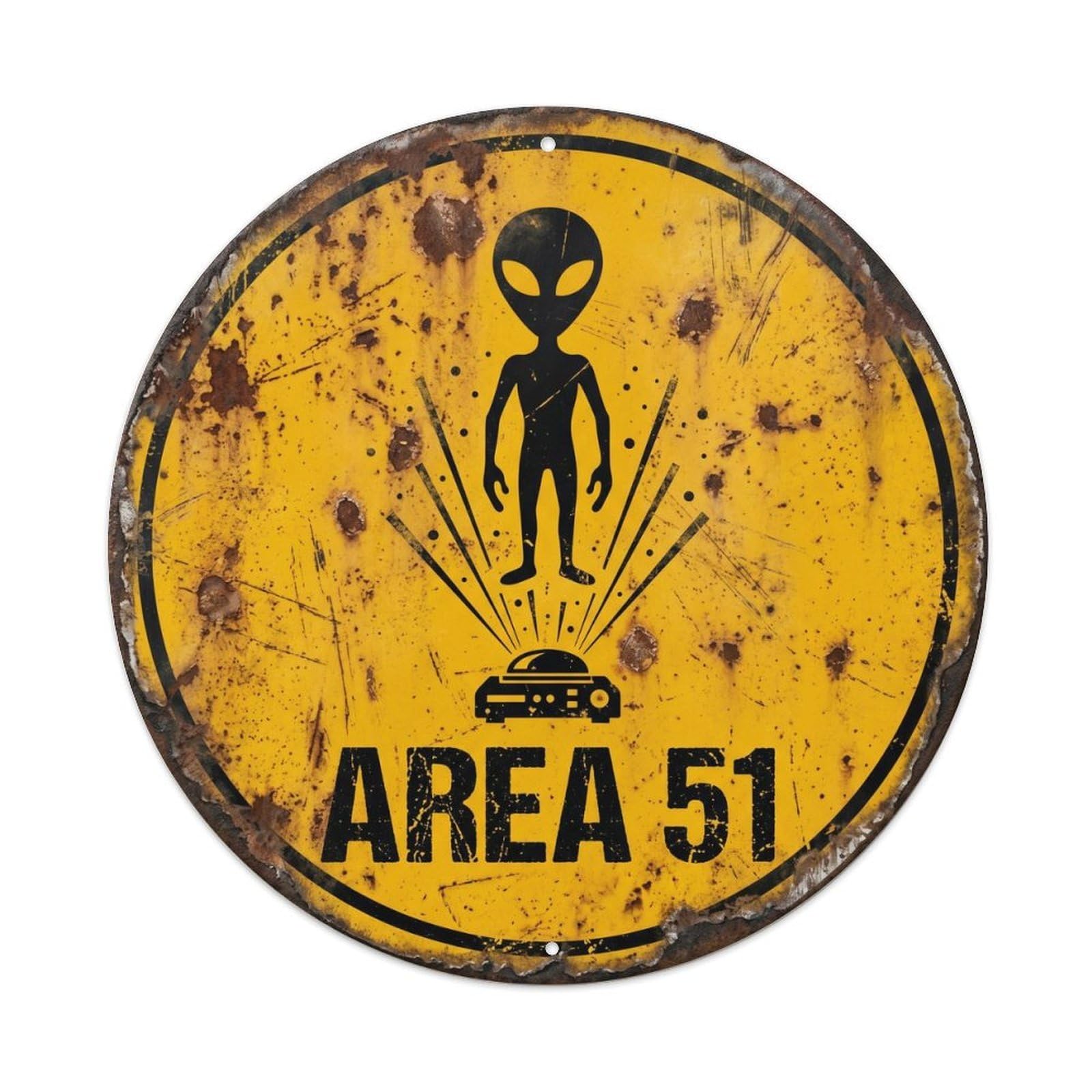 Vintage Alien Area 51 Hologram Projection Metal Tin Sign Plaque Wall Decor for Cafe, Club, Garden Round Metal Poster 8x8Inch