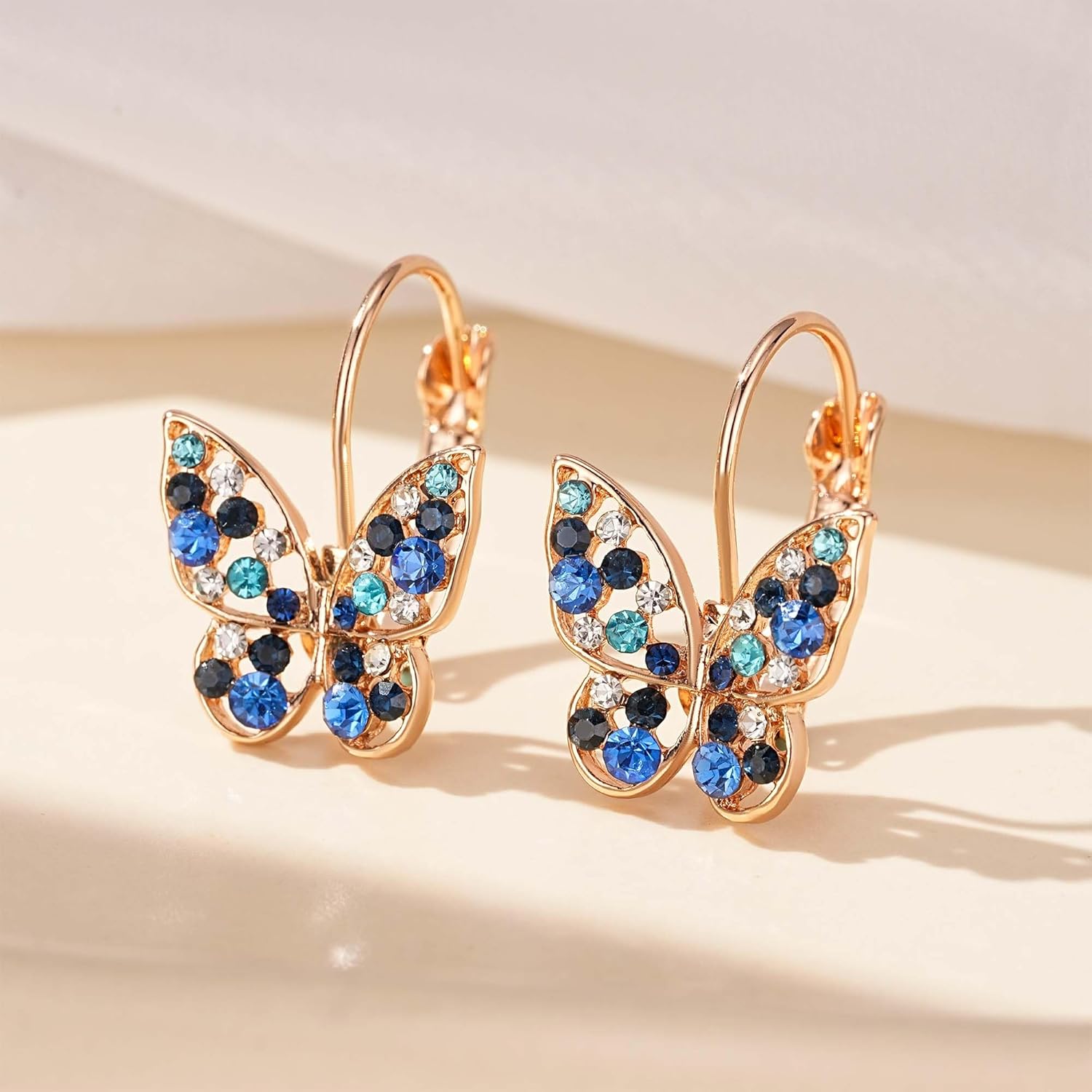 EVEVIC Austrian Crystal Butterfly Leverback Earrings for Women 14K Gold Plated Rhinestone Drop Earrings Hypoallergenic Jewelry Gifts - Image 2