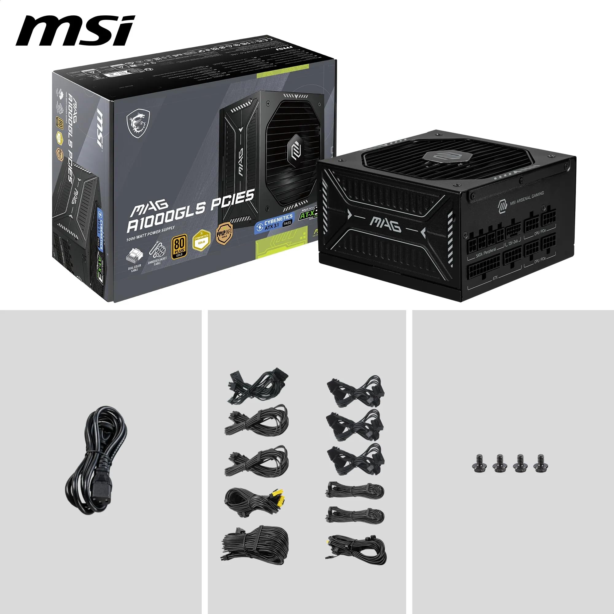 MSI MAG A1000GLS PCIE5 Alimentatore 1000W 80 PLUS Gold ATX 3.1 GPU PCIe 5.1 12V-2x6 Modulare