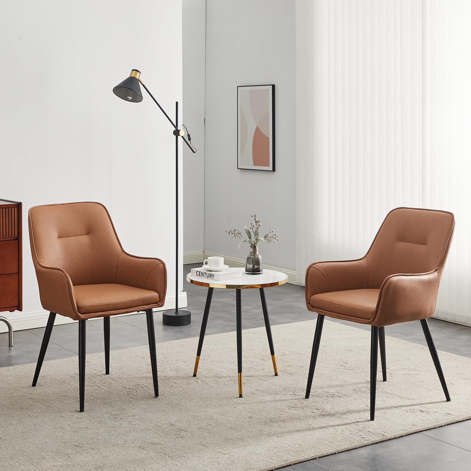CLIPOP Esszimmerstühle 2er Set mit Armlehne aus Kunstleder Braun, Armlehnenstuhl Polsterstuhl Stühle Esszimmer Küchenstuhl mit Metallbeine und Rückenlehne für Wohnzimmer Esszimmer