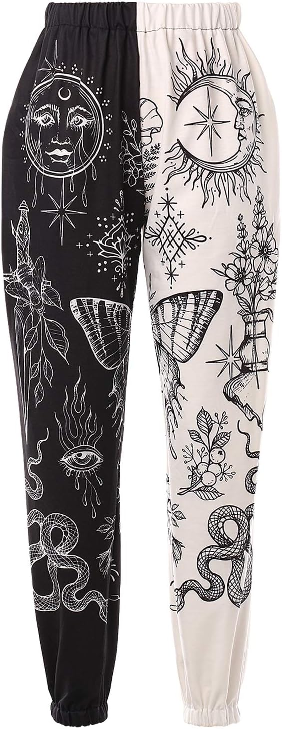Women's Fashion Printed Jogger Pants Elastic Waist Color Block Street Loose Sweatpants with Pockets