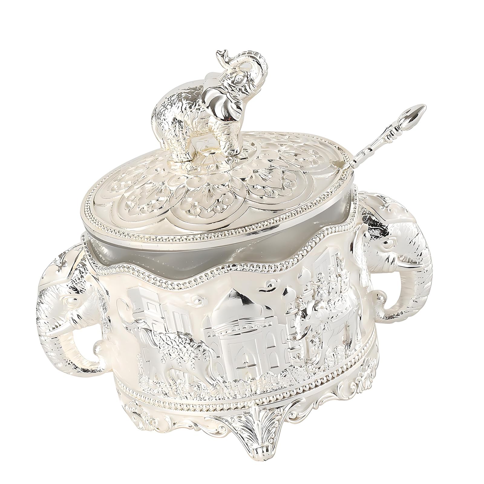 Msioytog Elephant Shaped Sugars Jar with Lid and Spoon Glass and Zincs Alloy Seasoning Jar for Kitchen Use Metal Mixture Sugars Container