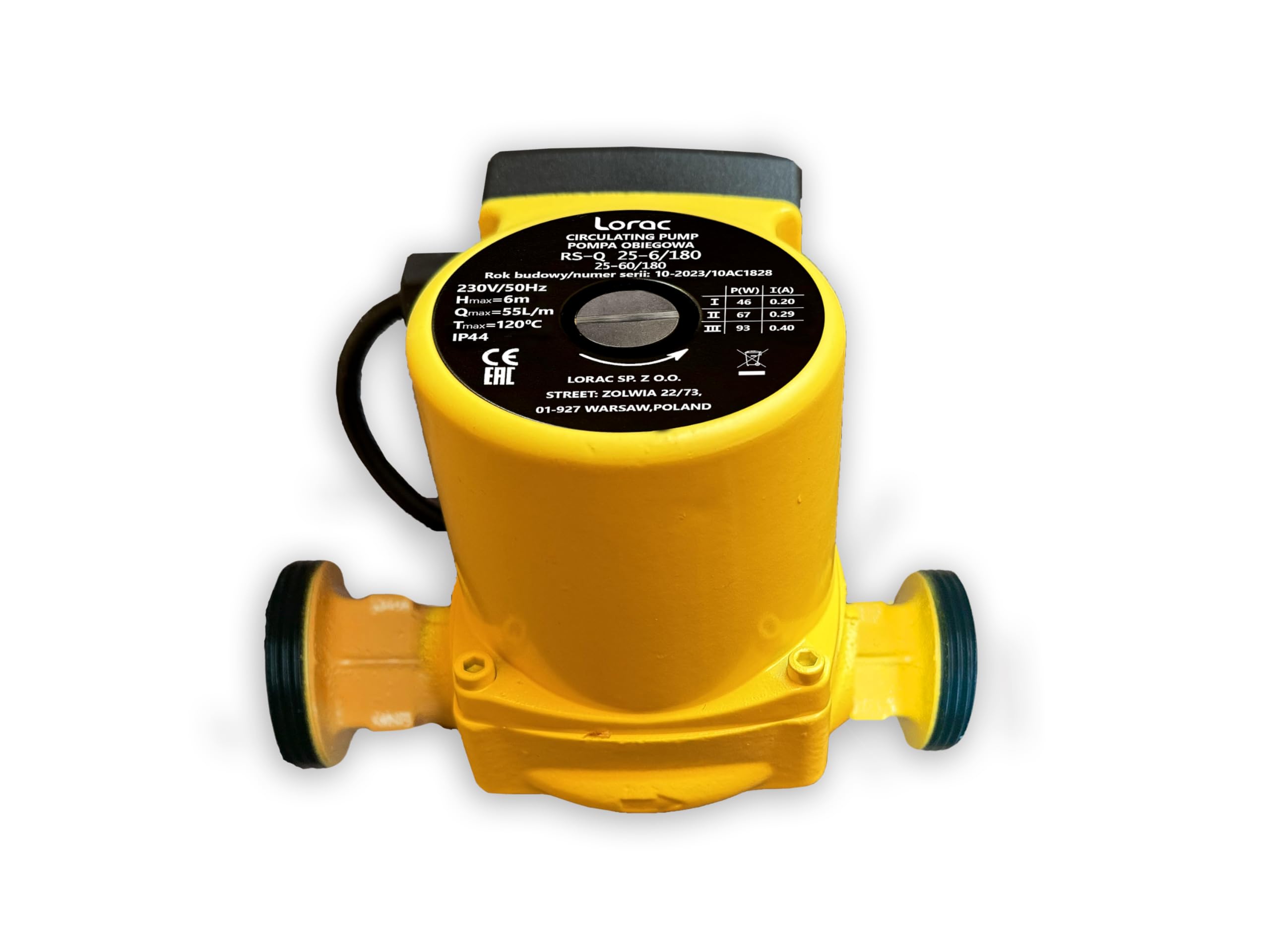 LORAC | Pompe de circulation 220-240 V, 3 niveaux de puissance (46/67/93W), pour chauffage central, piscine, pompe à chaleur, système solaire, débit max 55 l/min, IP44, surpresseur pour eau chaude