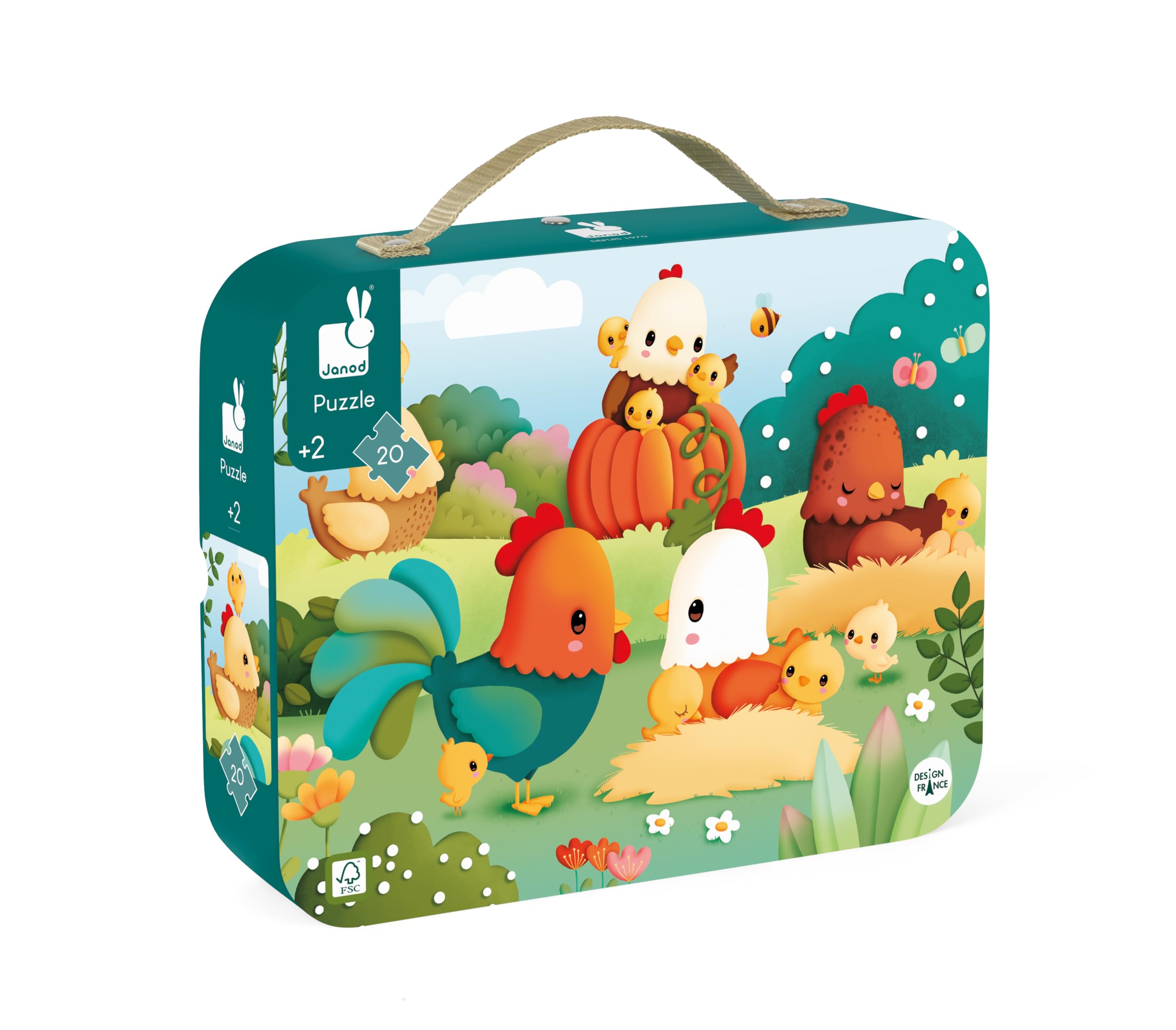 Janod 20-teiliges Kinderpuzzle – Willkommen auf dem Bauernhof – Geschenktasche mit Stoffgriff – Alter 2–4 Jahre – J03328