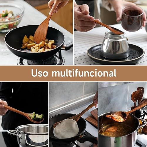 Miniatura 6 de Juego de espátulas de madera  9 piezas de acacia  Colección de utensilios de cocina  Herramientas de cocina naturales para hornear servir mezcla y