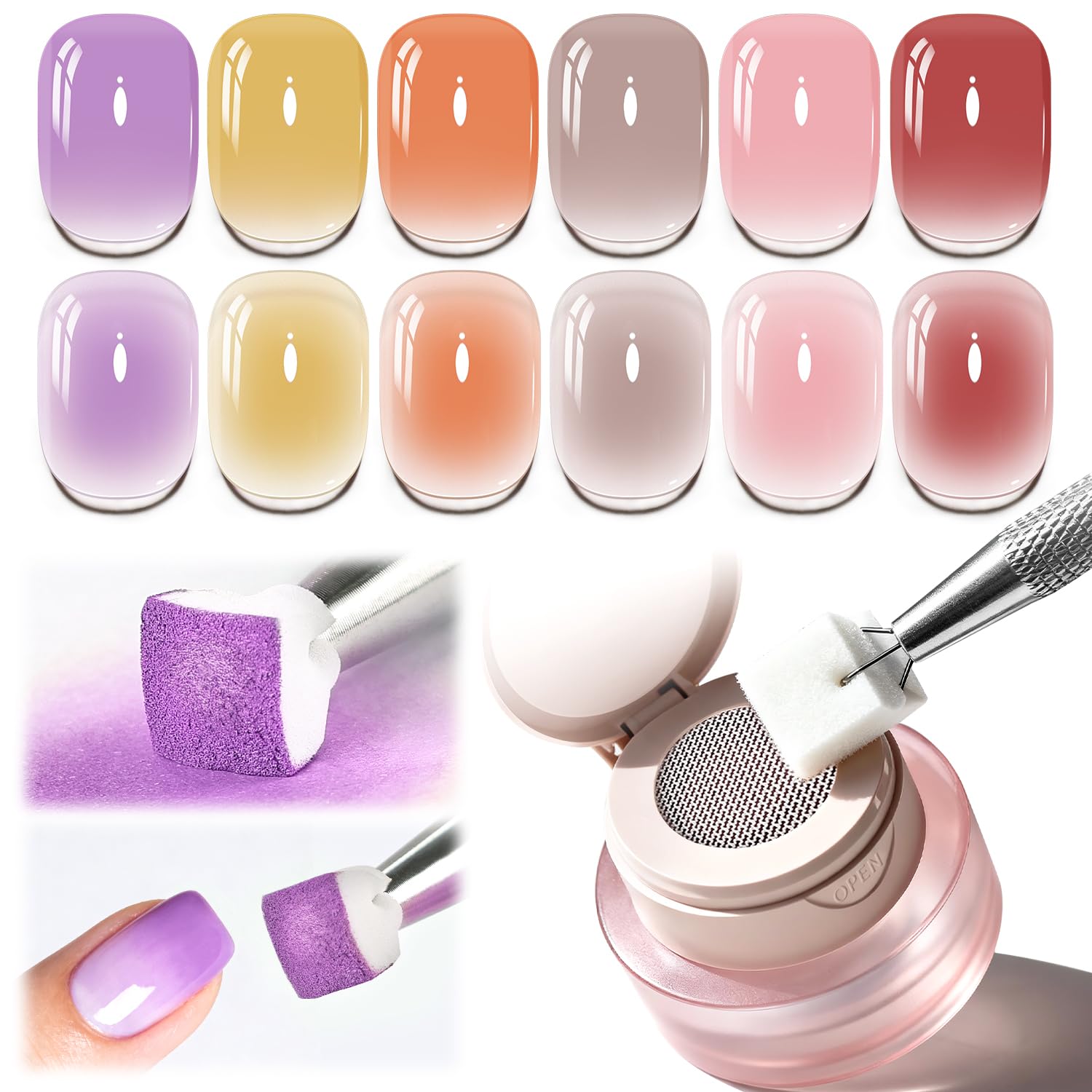 JODSONE Pat Ombre Gel, 6 Colors Pat Painting Gel Nail Polish Kit with Manicure Pen And 50 Pcs Nail Sponges, Ombre Nail Gel Paint for Nail Art