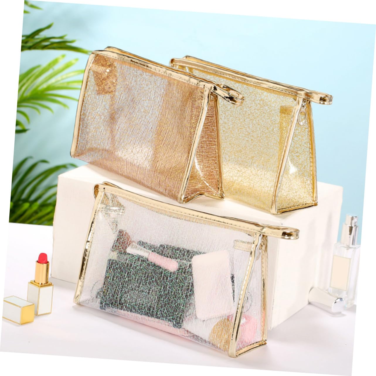 Gatuida 3 pezzi Borsa Makeup Trasparente Organizer Multifunzionale con Cerniera per Cosmetici e Toiletries Set Viaggio Tpu Jelly Bianco Oro
