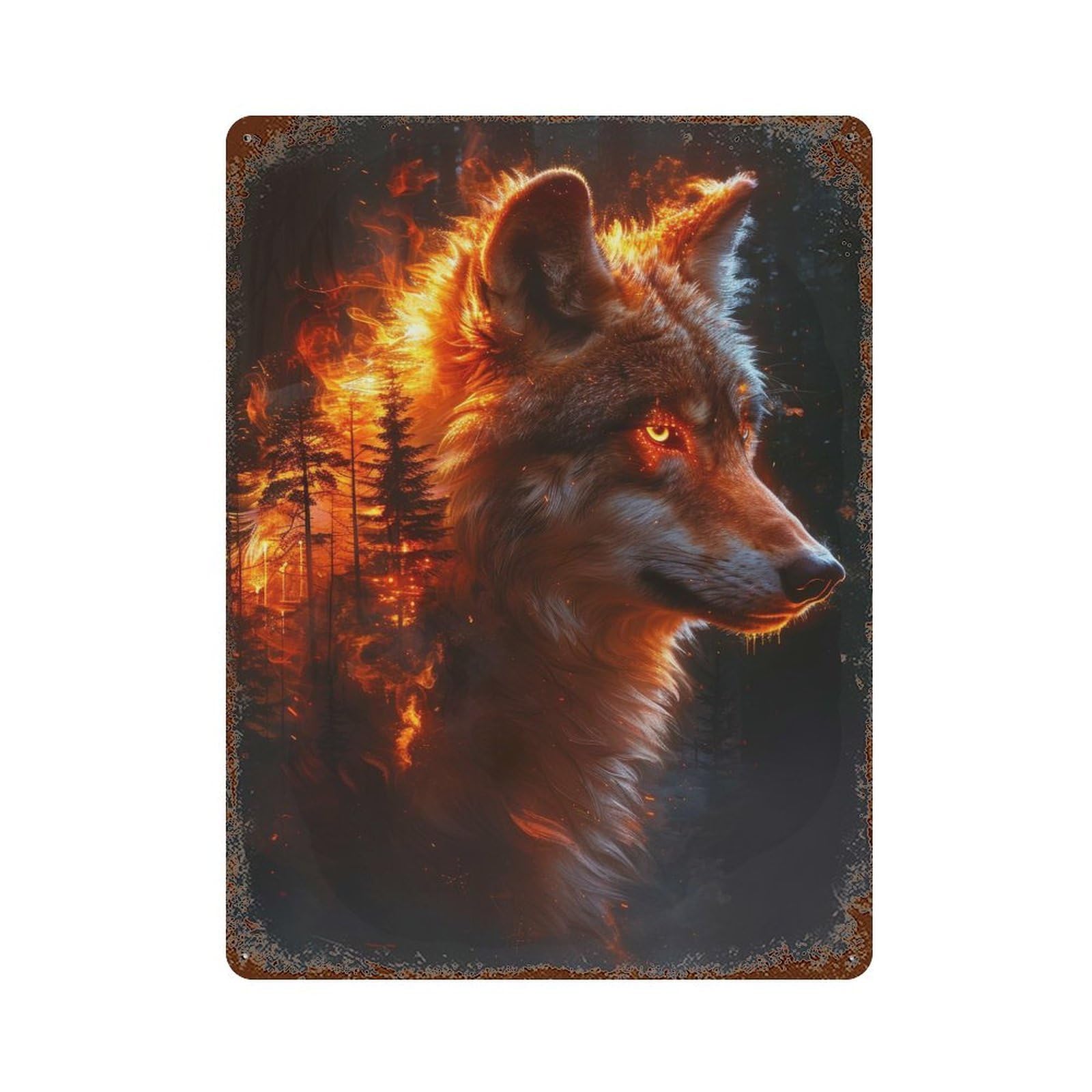 Fiery Wolf Portrait in Forest Vintage Wall Sign 15.7"x11.8", Rust Effect Metal Decor for Cafe, Home Bar And Lounge Decor