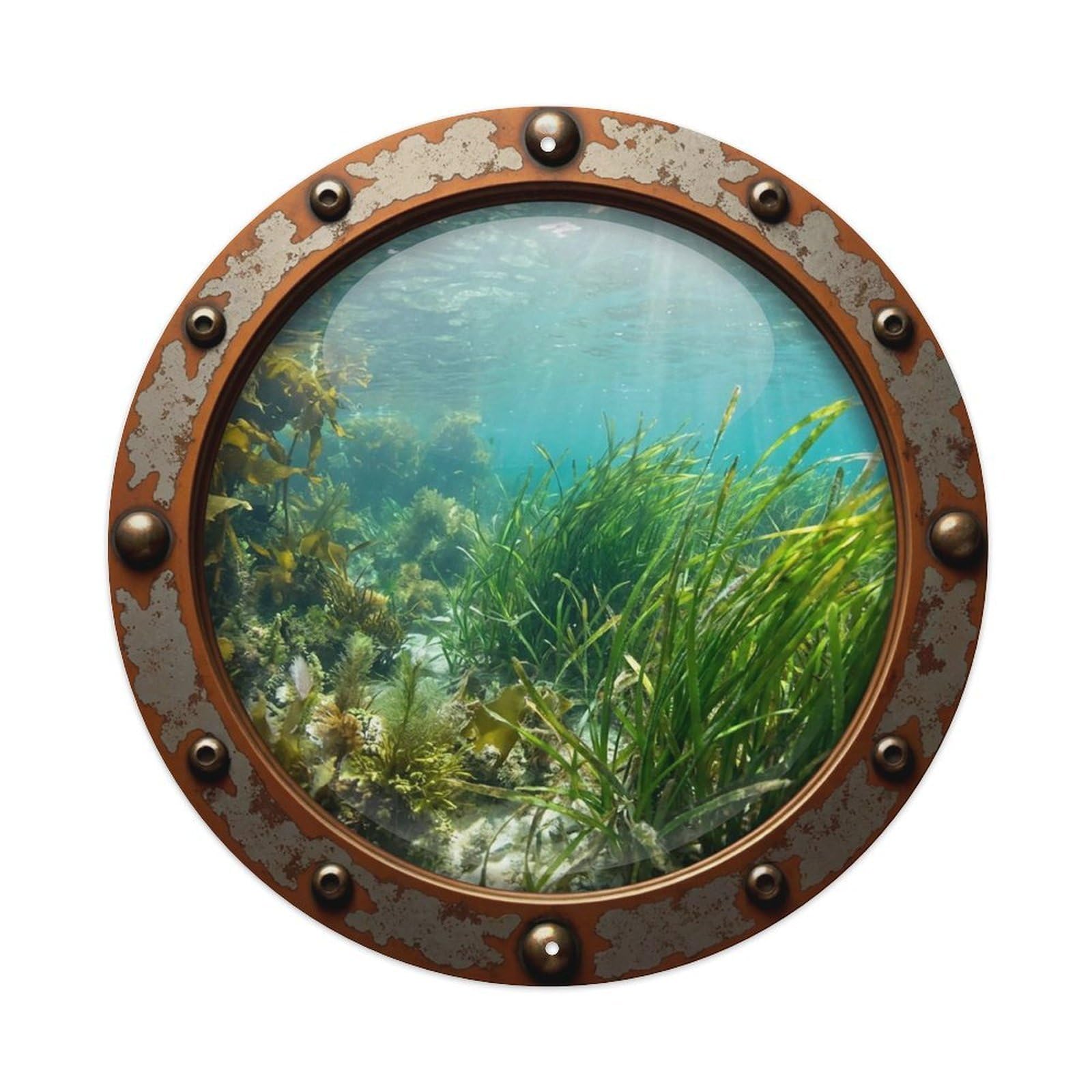 Vintage Porthole Sea Grass Nautical Window View Vintage Metal Tin Sign Plaque Wall Decor for Cafe, Club Bar, Office, Garden Metal Poster 8x8Inch