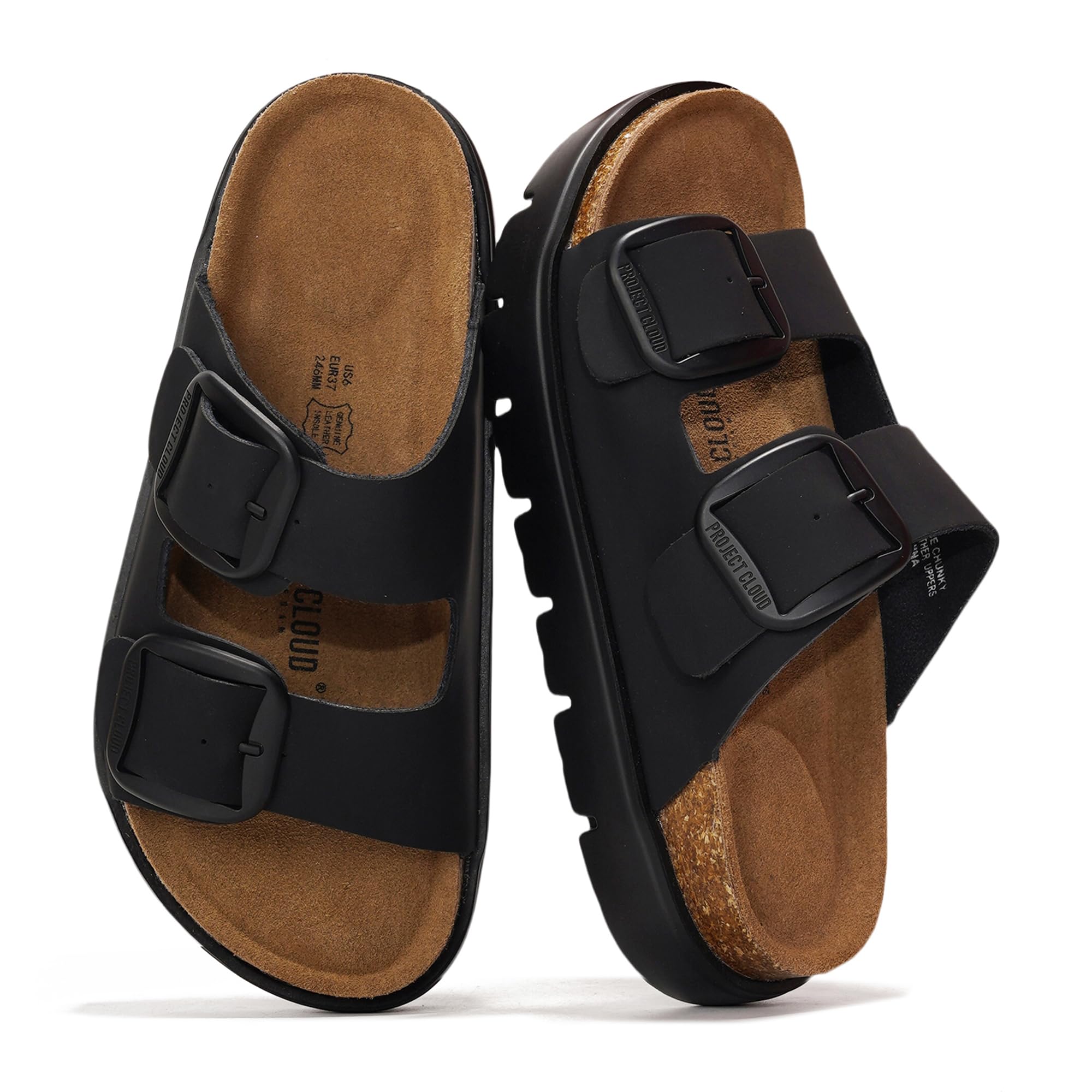 Project Cloud Genuine Leather Platform Sandals Women Footwear - Wedge Chunky Sandals Womens sandals with Memory Foam Insole and Cork Footbed (GREECECHUNKY, BLACKMONO, 9)