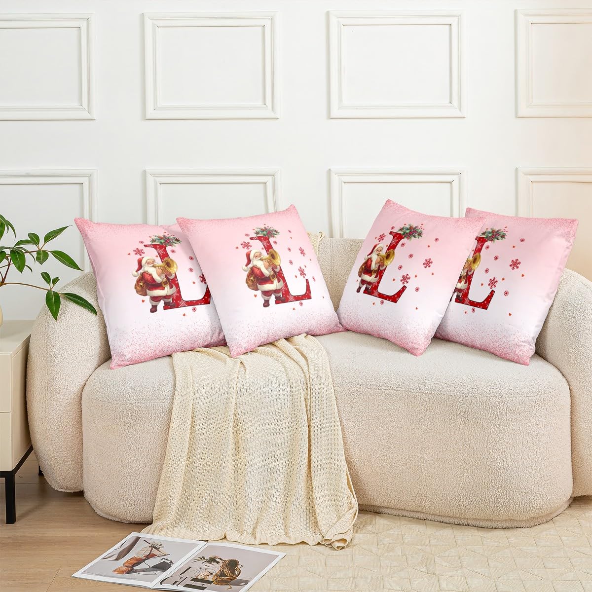 Homemissing Juego de 4 fundas de almohada con temática navideña rosa para niños, 50 x 50 cm, con iniciales del alfabeto, letra L, para niños y niñas, copos de nieve, bonita decoración de Papá Noel