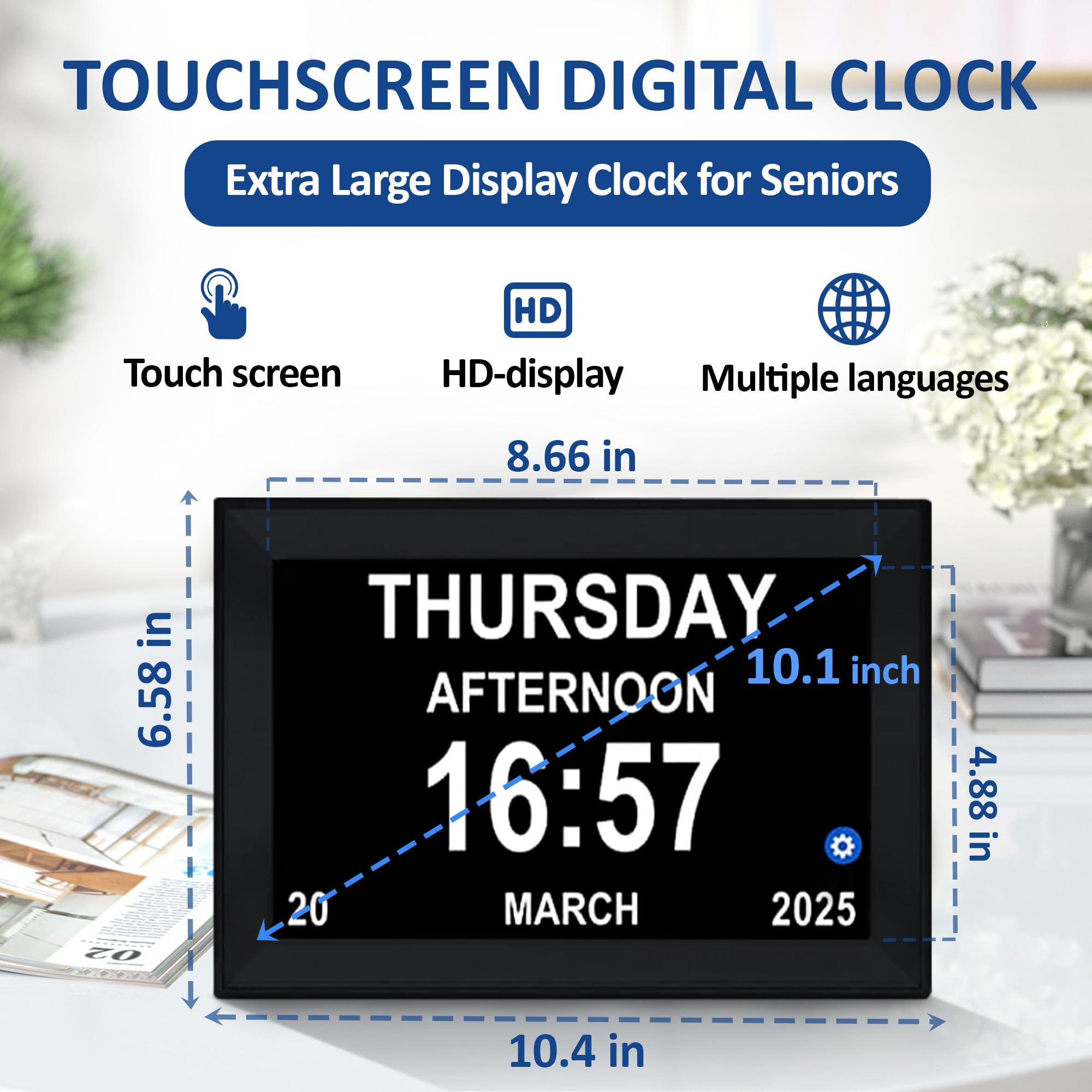 Reloj despertador digital con pantalla táctil de 10.1 pulgadas, relojes de demencia para personas mayores, reloj de pantalla extra grande con día y fecha para ancianos, 40 recordatorios, 64