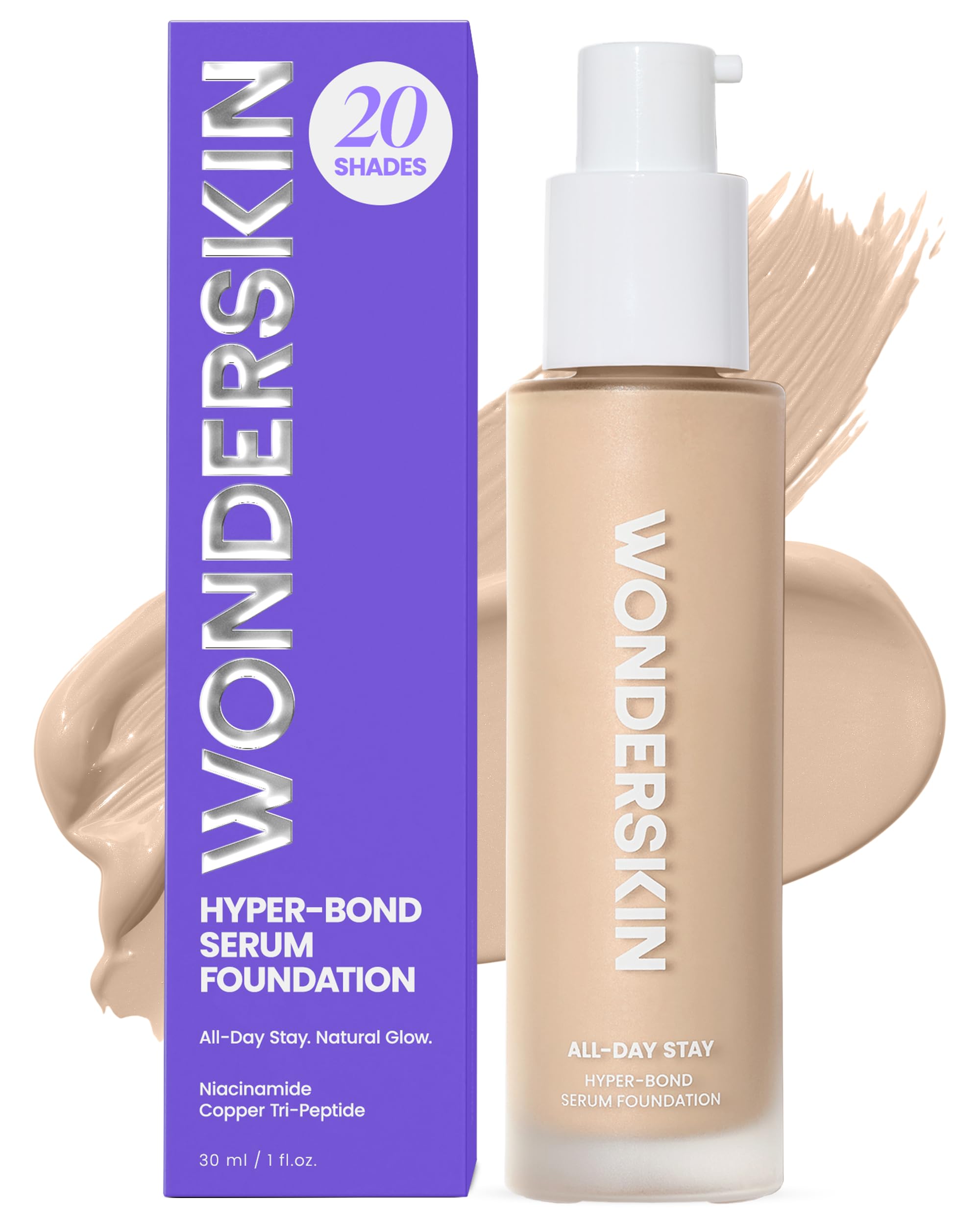 Fond de Teint Sérum Wonderskin Hyper Bond Tenue 24H – Imperméable, Sans Transfert, Maquillage Longue Tenue avec Niacinamide & Acide Hyaluronique – Léger, Fini Naturel (Echo) | Sérum léger, le fond de teint olive offre une couverture imperméable et longue