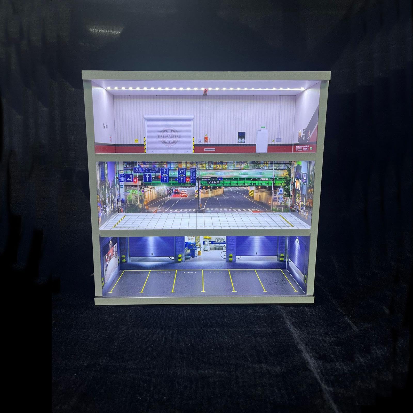 Vitrine für Modellautos, Dioramen, Garagendekorationen, Mikrolandschaften, Acryl mit Beleuchtung, Geeignet für Sammler, Style D