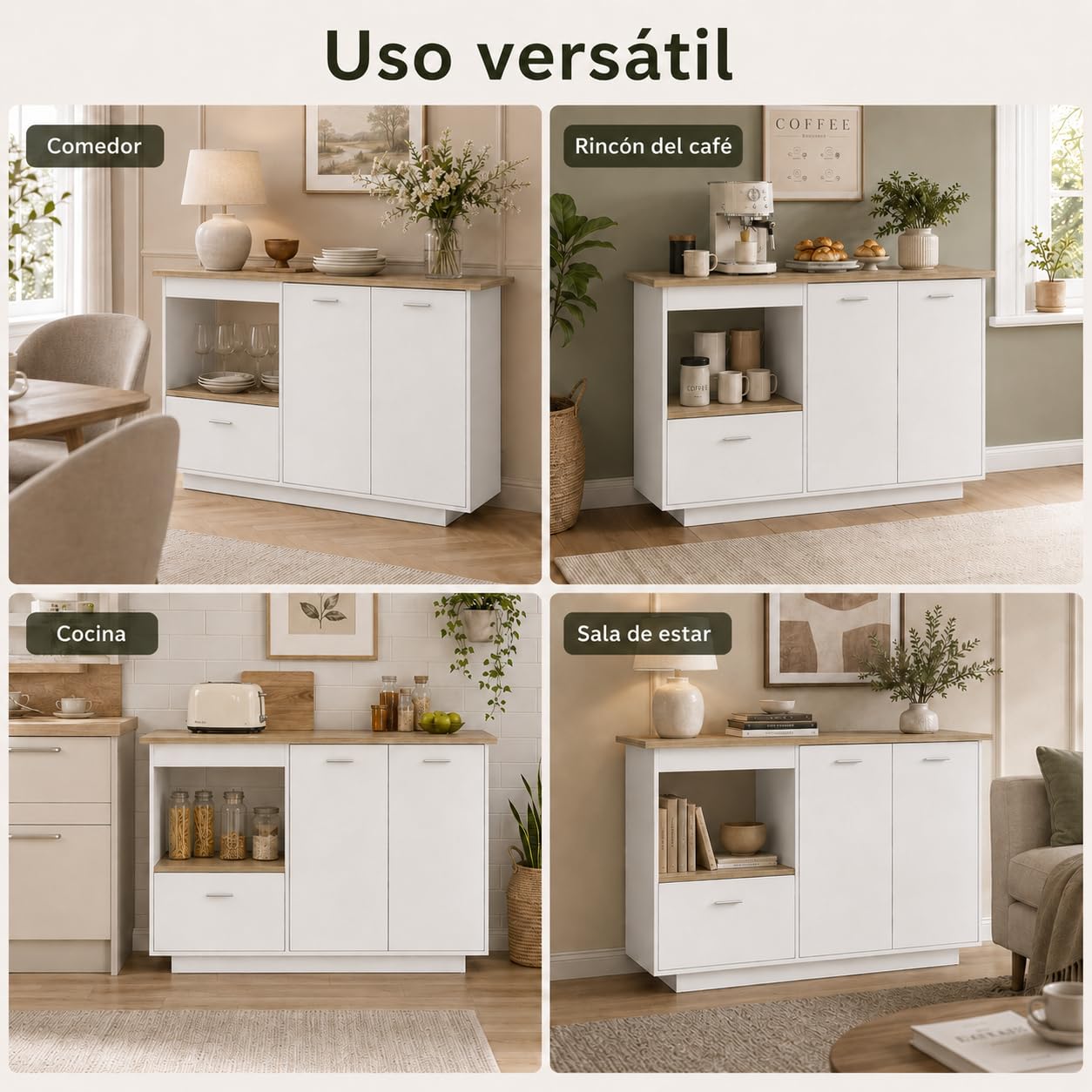 Isla de Cocina Blanca 150cm con Encimera – Buffet de Cocina con Barra de Desayuno, Cajón, 2 Puertas & Vinoteca Abierta – Mueble Buffet para Cocina & Comedor, 150×91×80cm