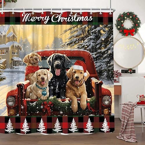 Miniatura 2 de Cortina de ducha de animales de Navidad, camión rojo, llevando perro con sombrero de Papá Noel y búfalo a cuadros, divertida granja, vida silvestre,
