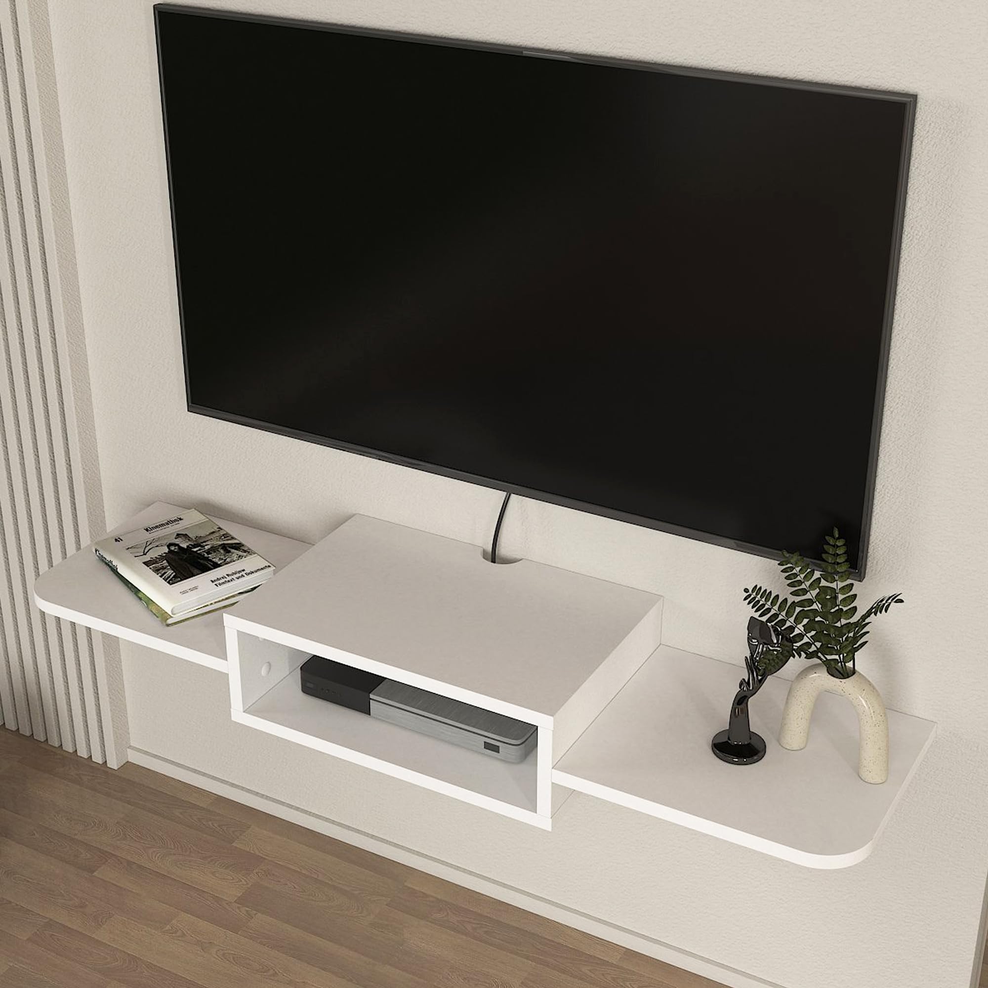 [en.casa] Mobile Porta TV da Parete con Vano Aperto Mensola Sospesa con Ripiani Laterali e Fori Passacavi per Soggiorno Salotto Stand Multimediale 115 x 30 x 16 cm - Bianco