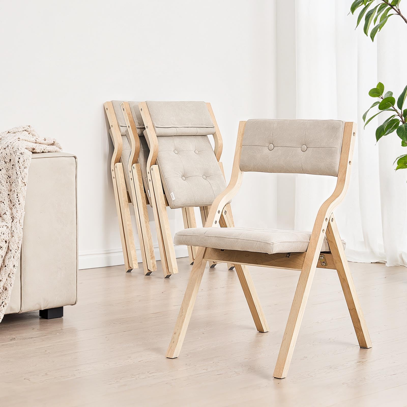 VEVOR Klappstuhl Gartenstuhl mit gepolstertem Kissen & Holzrahmen 2 STK. moderner Esszimmerstuhl für Küche Büro Party, Küchenstuhl bis 180 kg belastbar (pro) faltbar Beige + weiß platzsparend