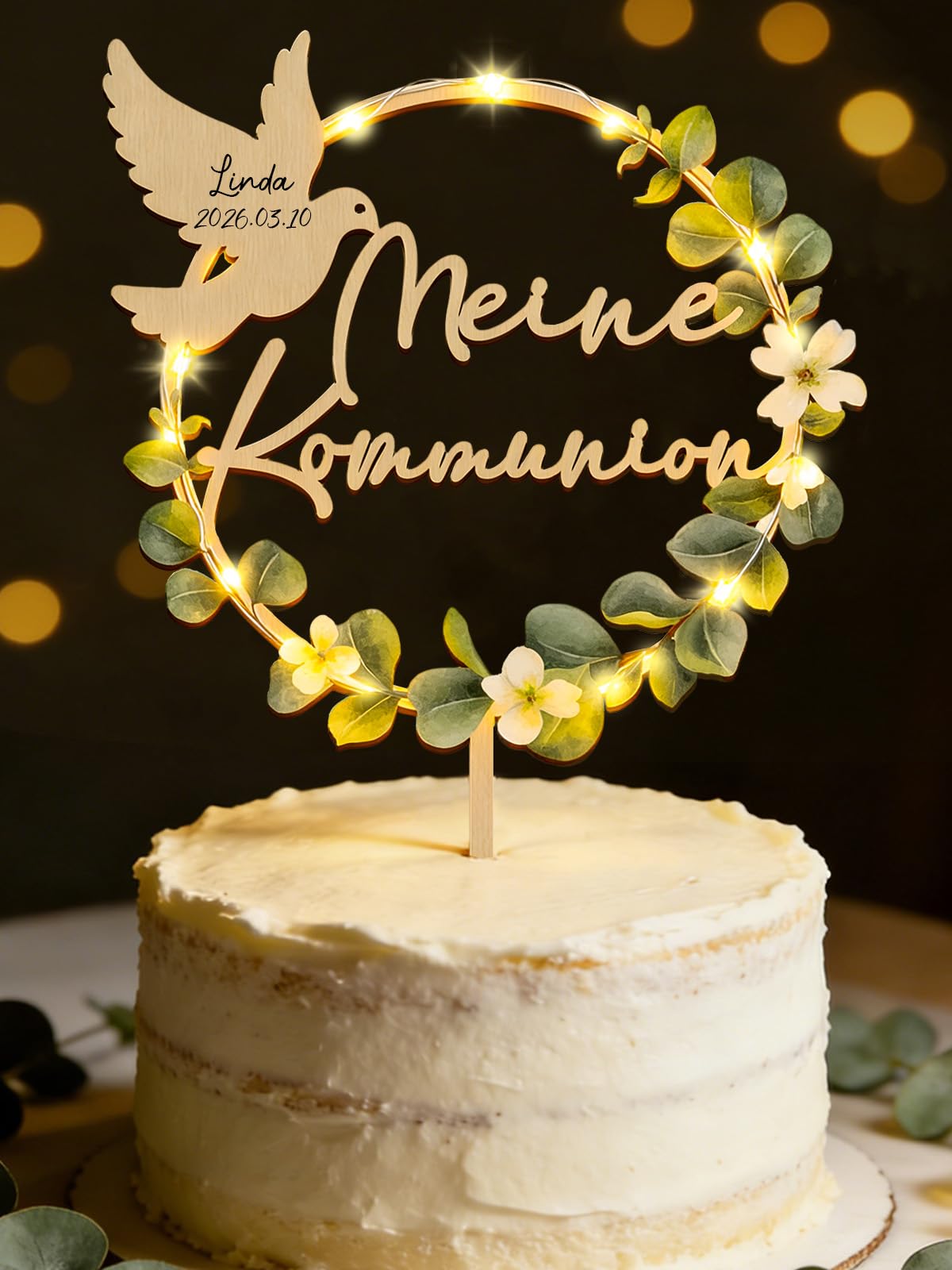 Tortendeko Kommunion mit LED Lichterkette, Meine Kommunion Cake Topper Holz, Eukalyptus Tortenstecker, Erstkommunion deko Junge Mädchen Geschenke, Kommunionsgeschenke, Elegant Kuchen Deko