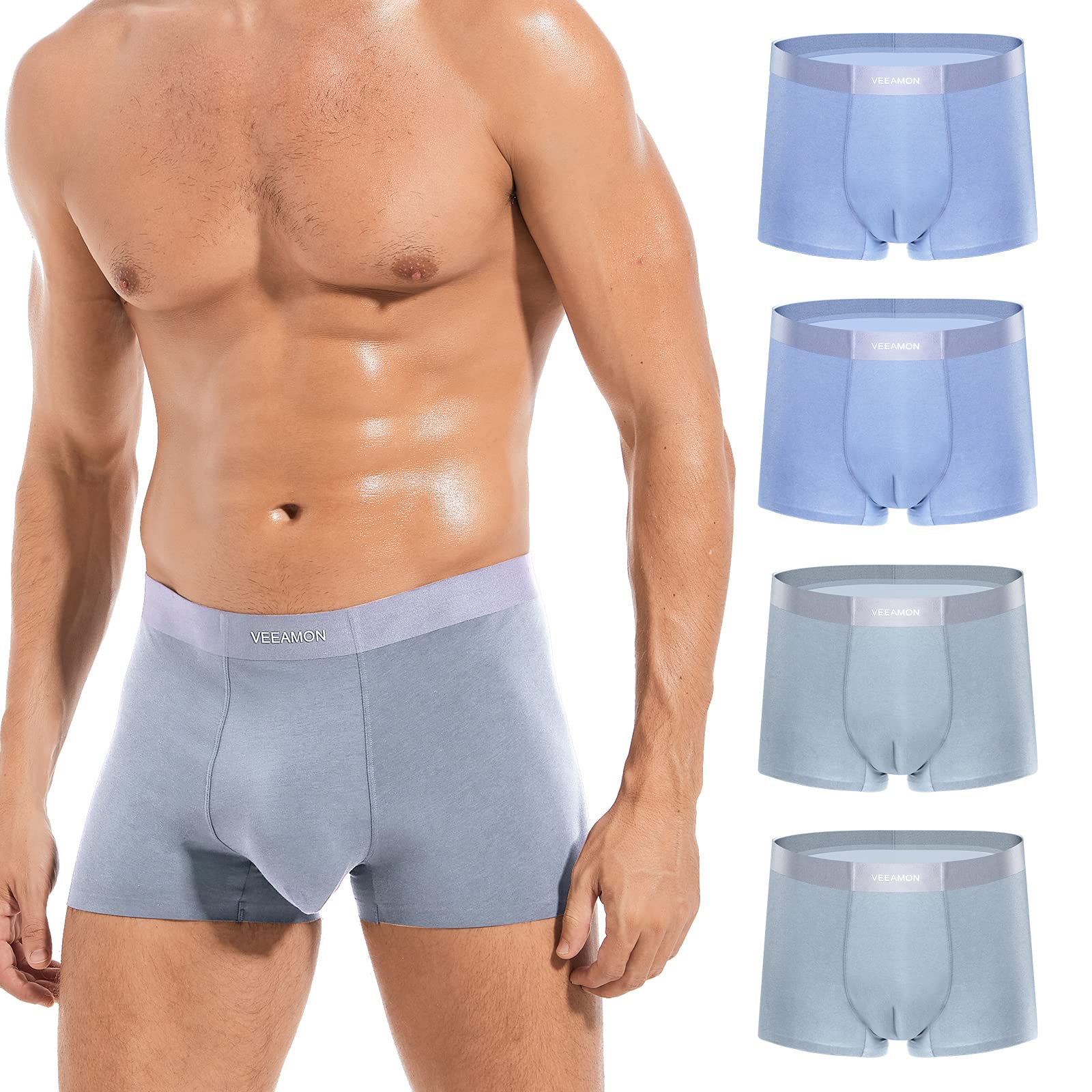 VEEAMON Men's Cotton Stretch Boxer Briefs Seamless Underwear Moisture-Wicking Comfortable 4-Pack With Gift Box