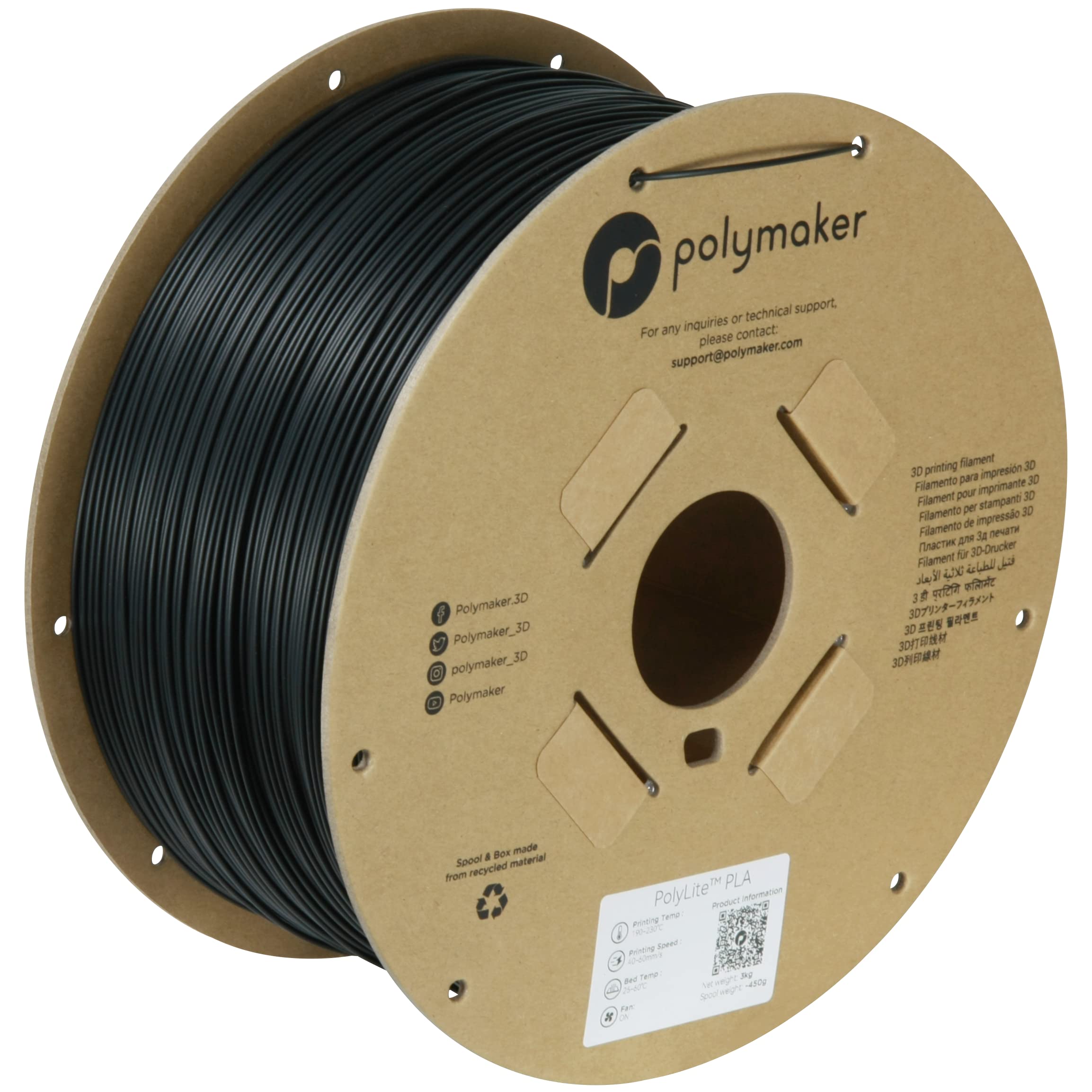 Polymaker PA02037 PolyLite PLA Filament True Black 1.75mm / 3kg Filament PLA hohe Steifigkeit, hohe