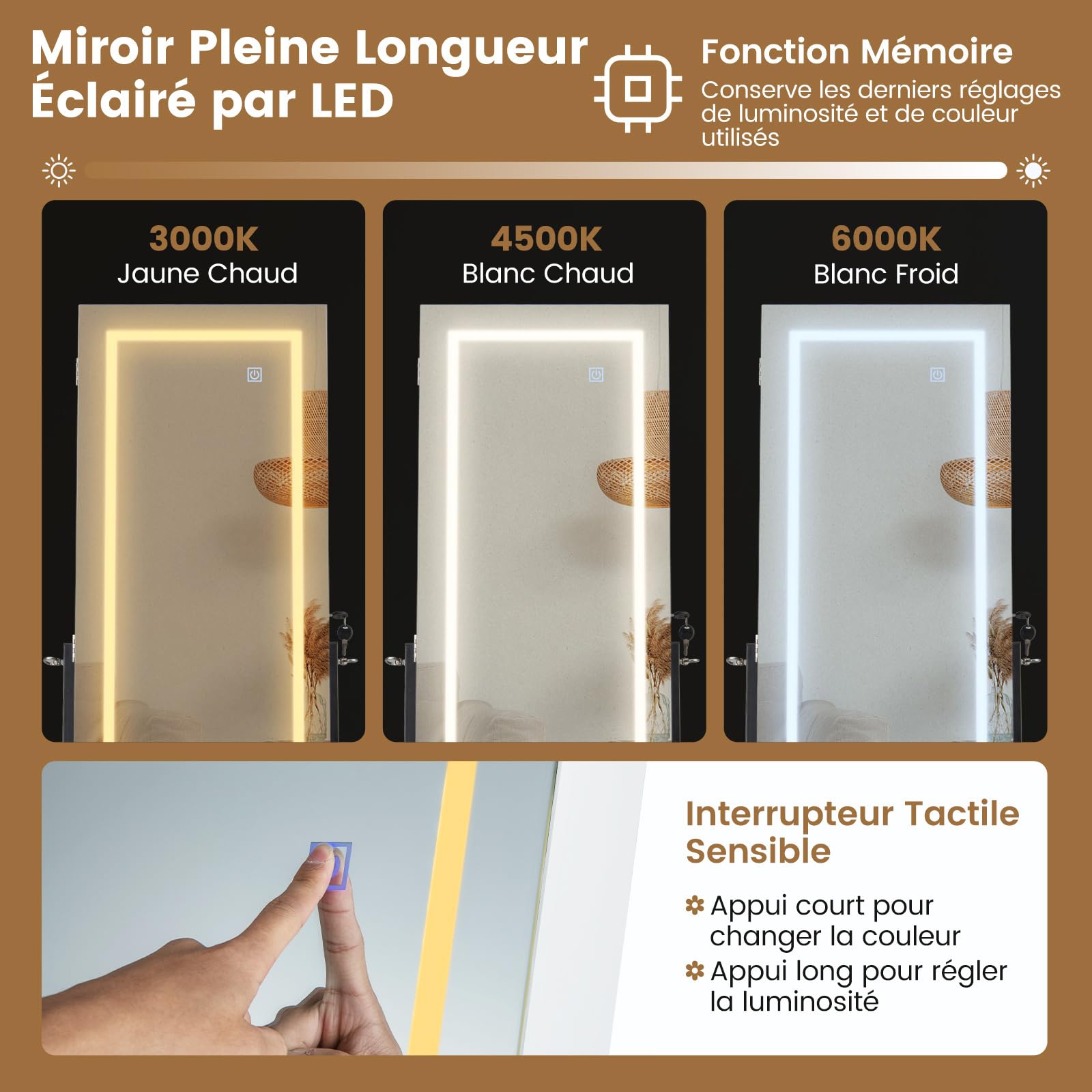 COSTWAY Armoire à Bijoux sur Pied, Miroir Pleine Longueur avec Lumières LED 3 Couleurs, Interrupteur Tactile, Porte Verrouillable(Blanc)