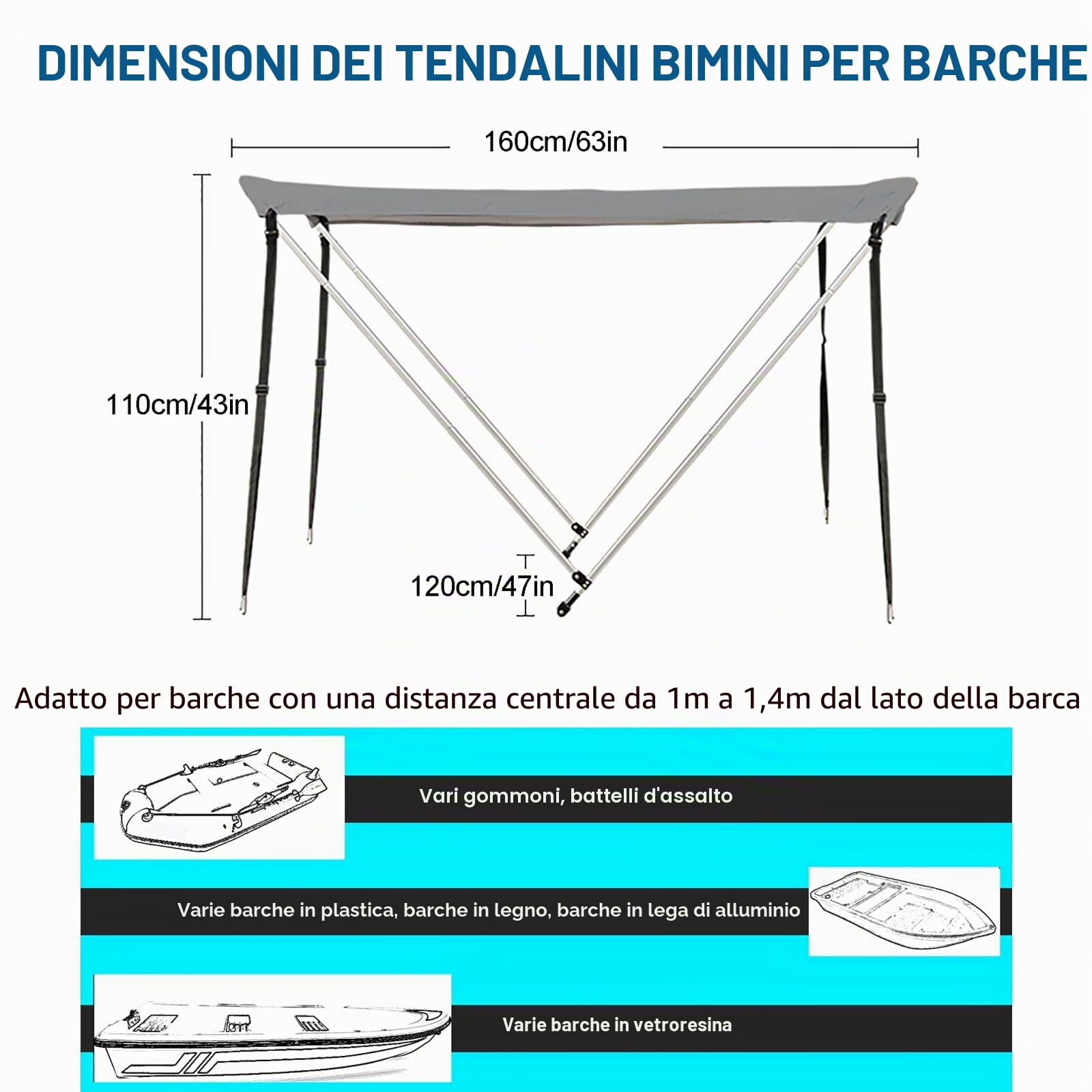 Set di Tendalino per Gommone (Larghezza 100-140 cm) con Accessori di Montaggio, Tendalino Barca Portatile a 2 Archi, Tubolare in Alluminio
