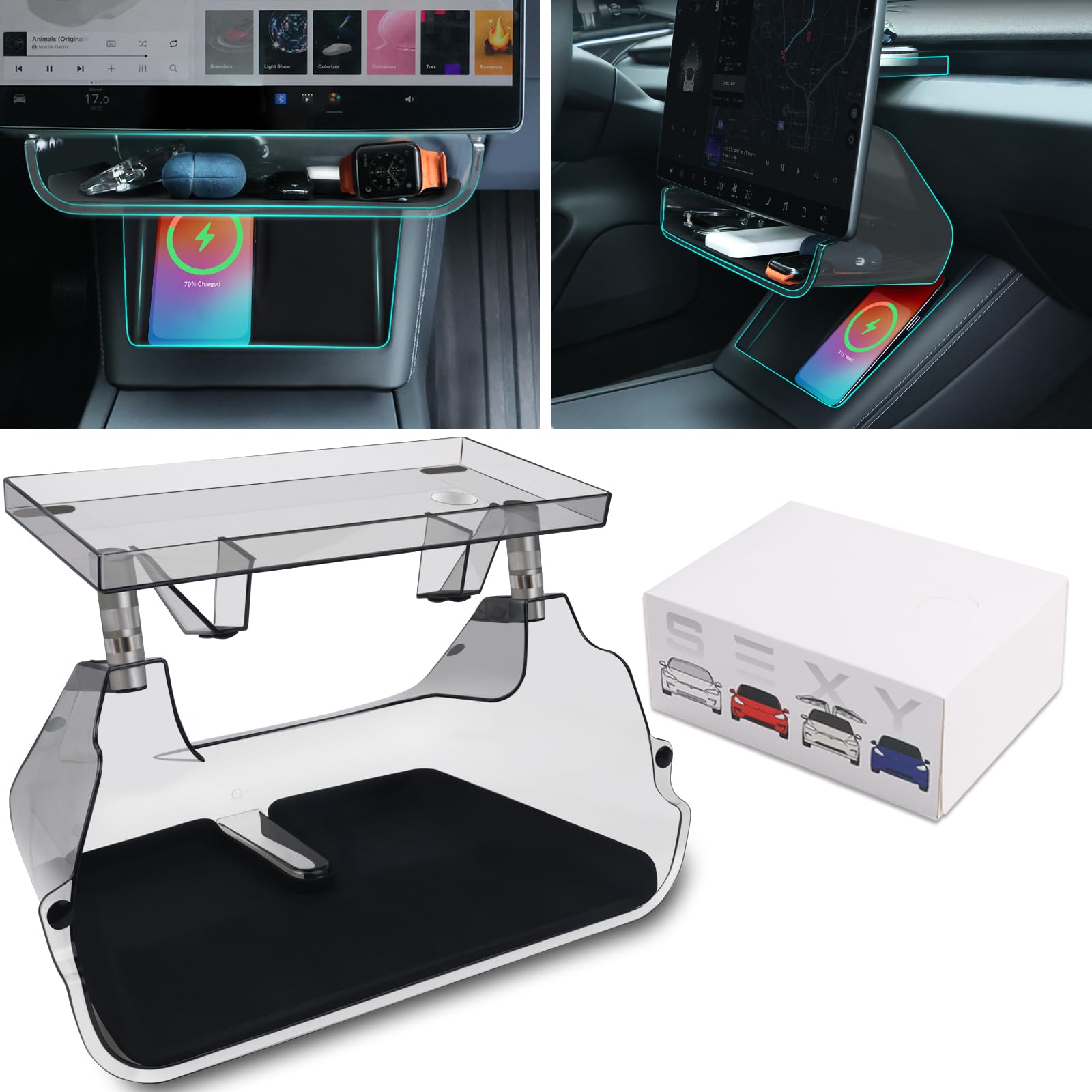 TMKEFFC Tesla Model 3 Under Screen Storage,Only Fit 2024 Model 3 Highland,Tesla Under Screen Storage,with Center Console Wireless Charger Silicone Mat,2024 Model 3 Magnetic Center Console Organizer