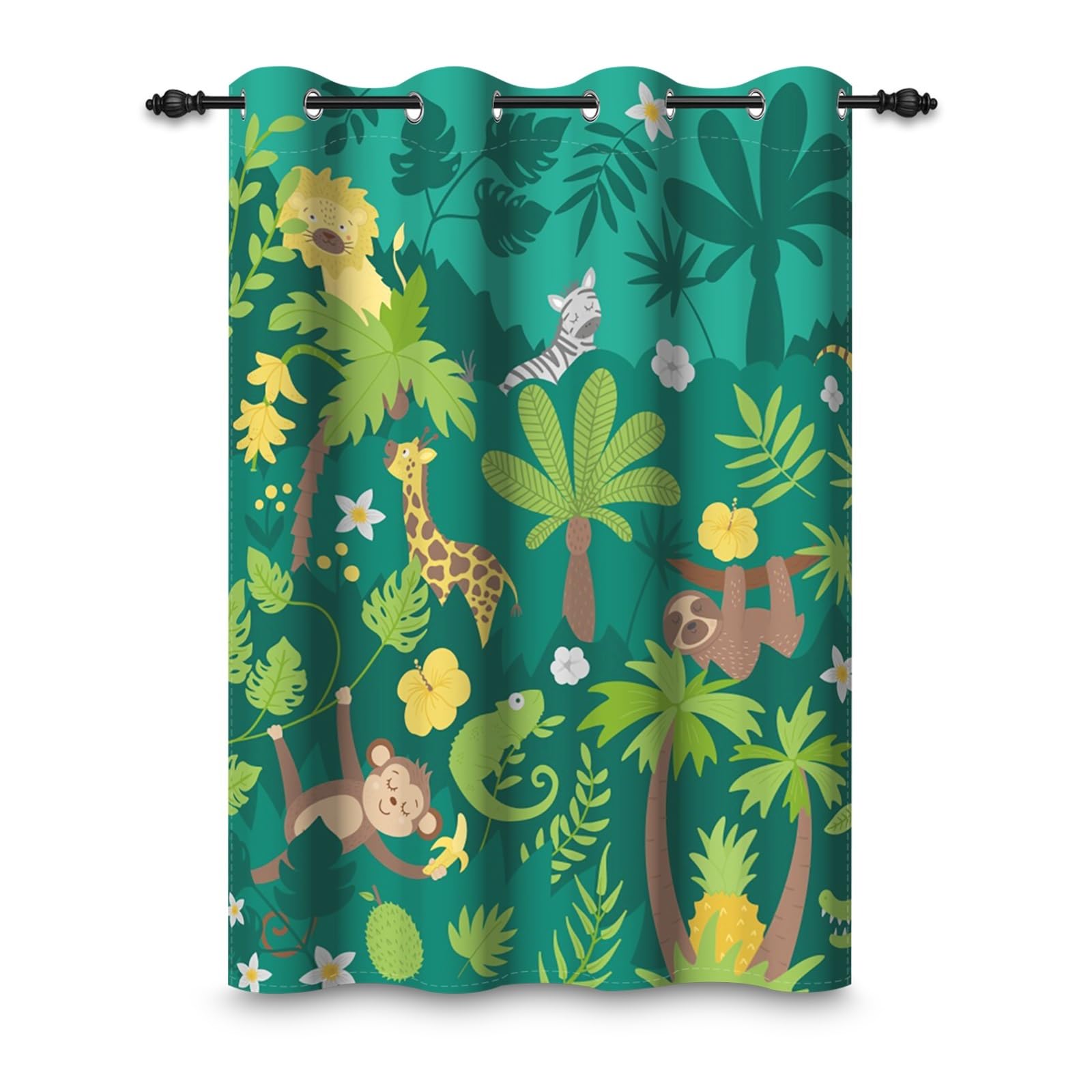 ggaimwf 53"x 69" Cartoon Animals Eyelet Curtain for Kids Bedroom Green Forest Tropical Colorful Cute Zoo Insulated Thermal Grommet Blackout Window Drapes for Boy's Nursery Playroom,1 Single Panel