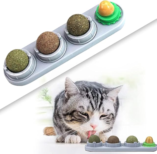 FIPASEN Catnip Wall Ball, 4 Pack Edible Cat Licking Toy for Cats Cleaning Teeth and Protecting The Stomach, Rotatable Silvervine Cat Snack Ball Toy Contains Catnip/ Sugar, Kitten Chew Toys (Grey)