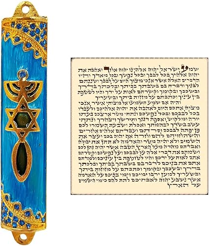 messianic sello Mezuzah Case con desplazamiento para puerta azul esmalte & cristales mezuzá de Israel Judaica Regalo 8cm