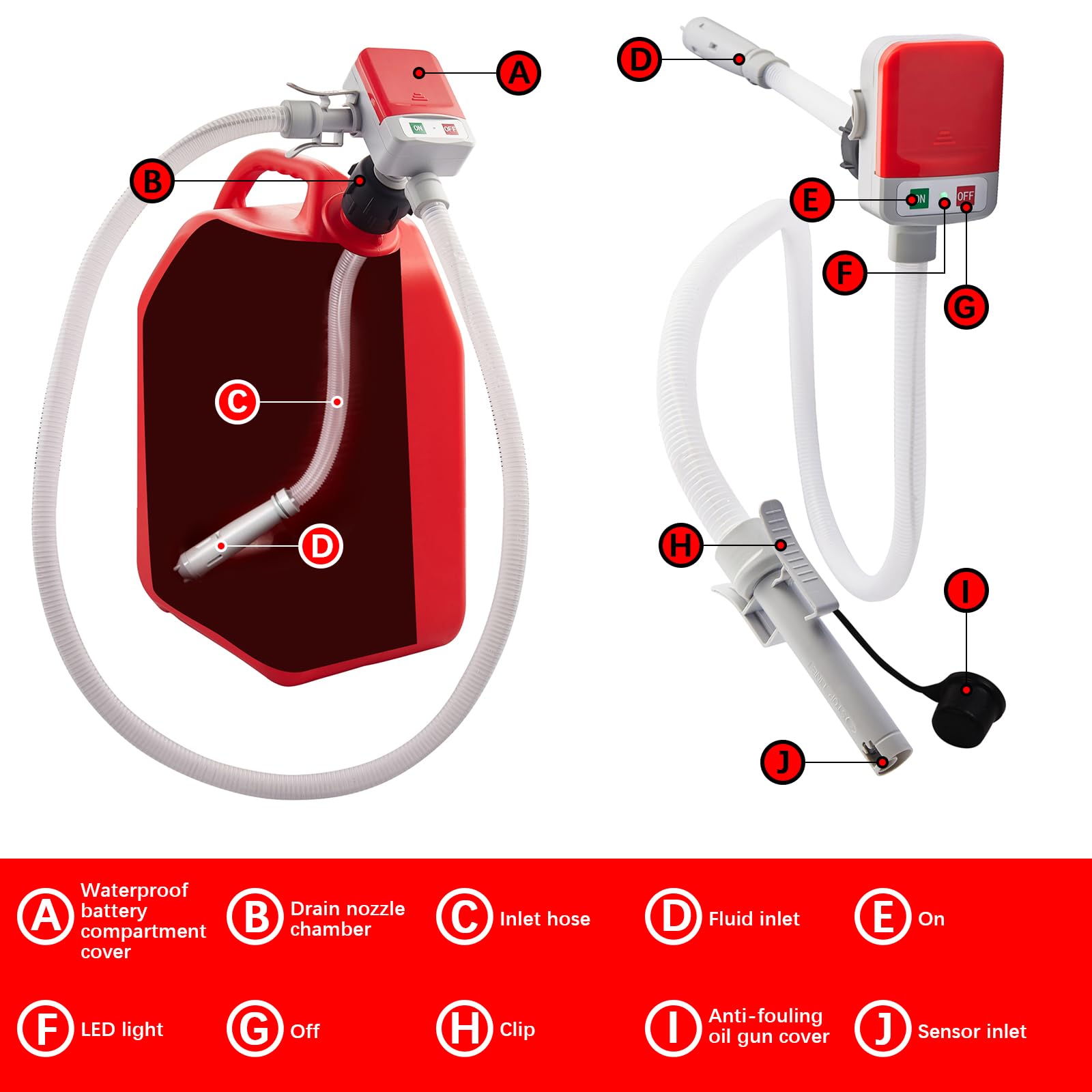 Pompa di Trasferimento del Carburante 12V con Sensore di Arresto Automatico(2,4GPM), Pompa Travaso a Batteria Gasolio Elettrica, Pompa Travaso Liquidi con 1,8M Tubo e Adattatore di 4 Dimensioni