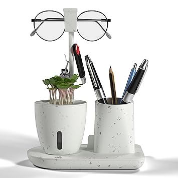 eo Pen Stand for Study Table with Self-Watering Plant Pot, Glasses & Smartphone Holder – Desk Organizer & Pencil Holder for Office, Home, Kids, Students, Study Room Desk Station White - image, photos