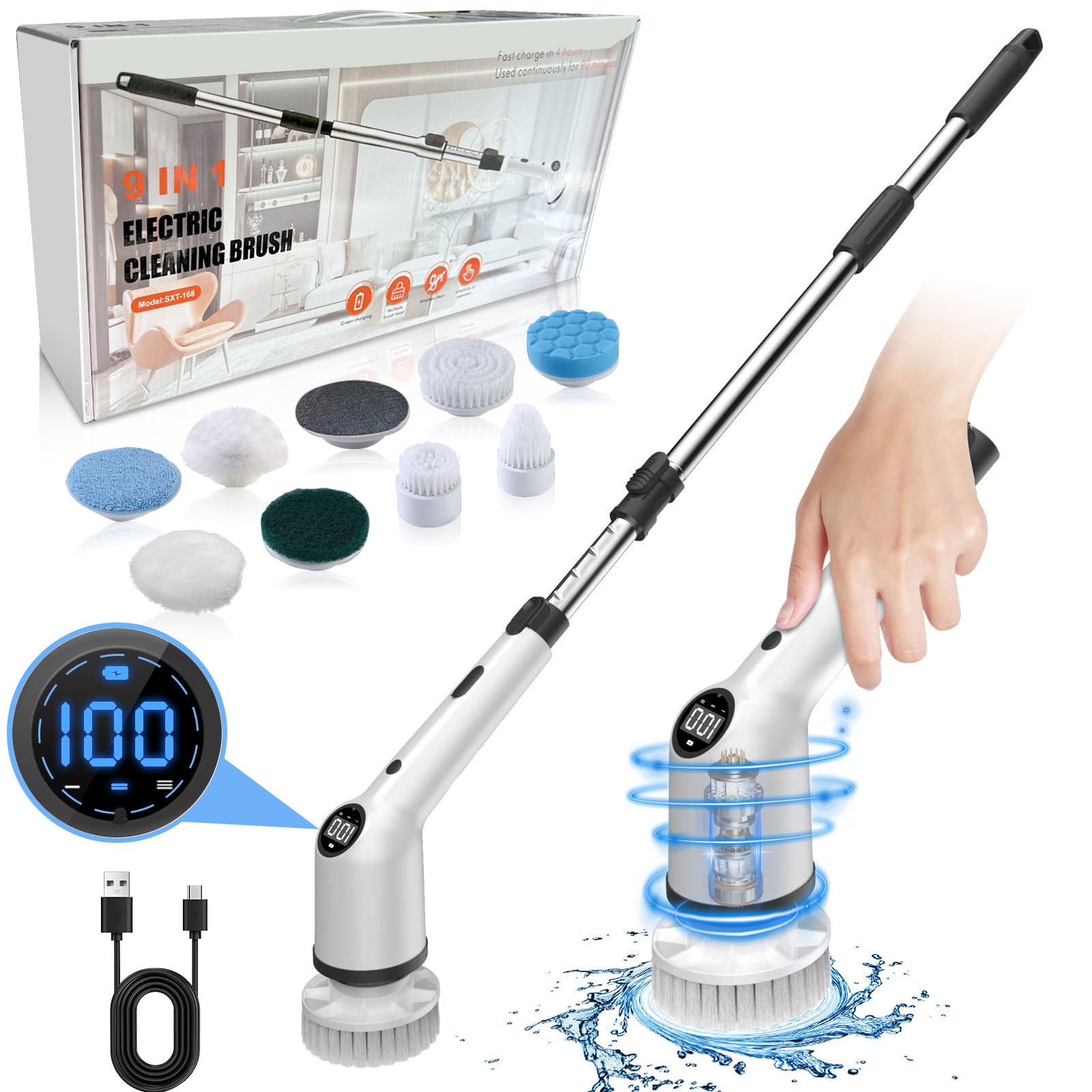 EBUYFIREElectric Cleaning Brush 9 in 1, Spin Scrubber with 9 Interchangeable Brush Heads, Three Adjustment Speeds, Suitable for Bathroom, Tiles, Floor, Kitchen, Glass and Tyres