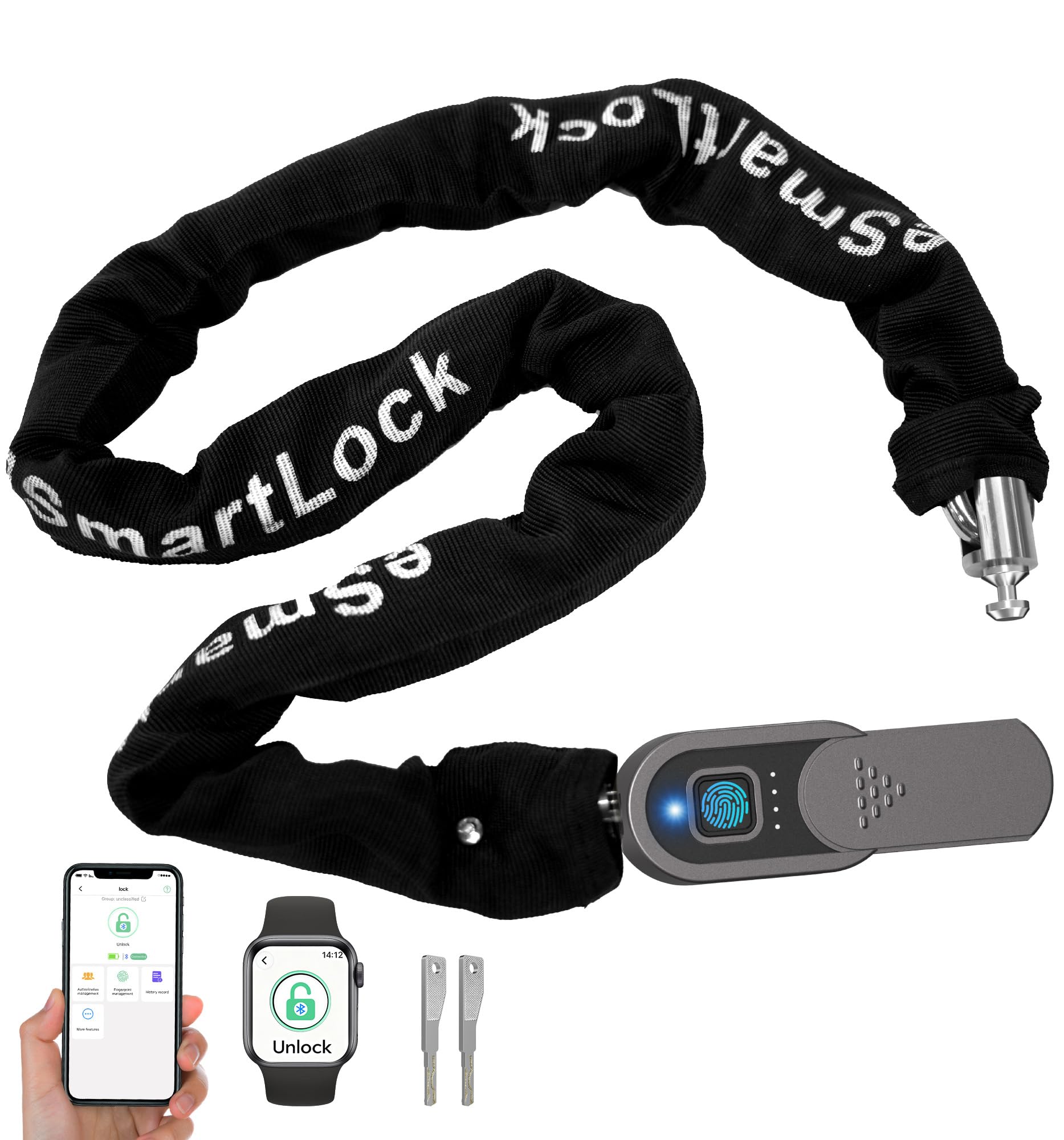 Anweller Cadeado de corrente de bicicleta com impressão digital, resistente, antifurto, à
