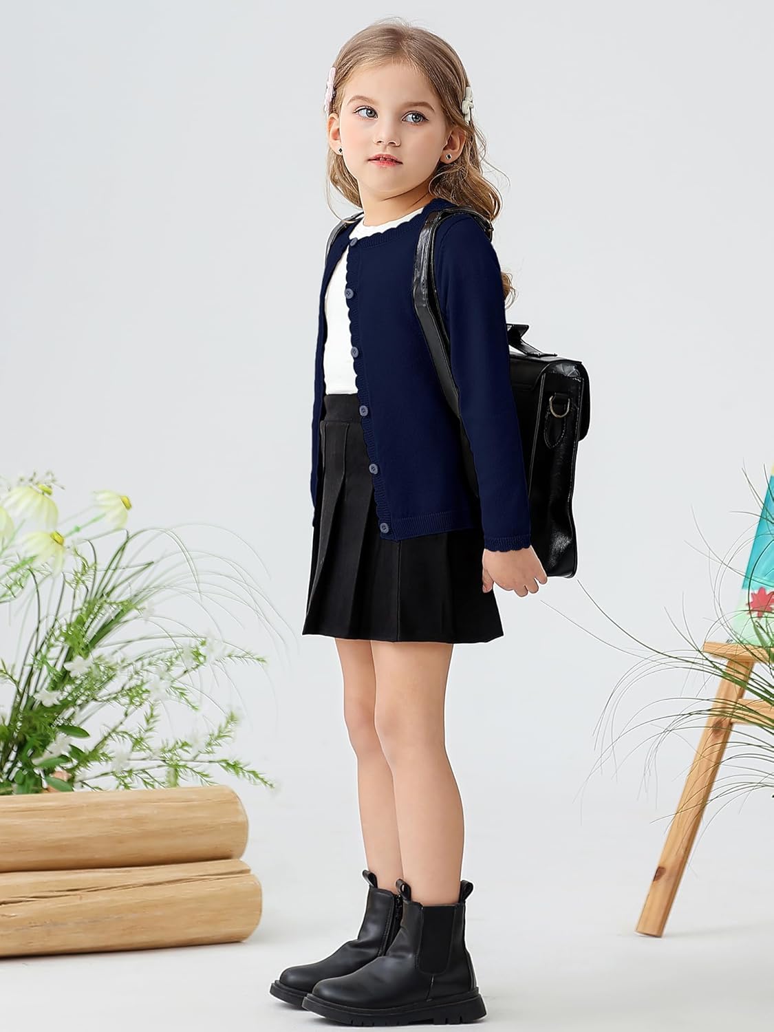 Yekaty Girls Cardigan Basic Uniform Long Sleeve Slim Fit Crewneck Cardigan Sweater - Image 5