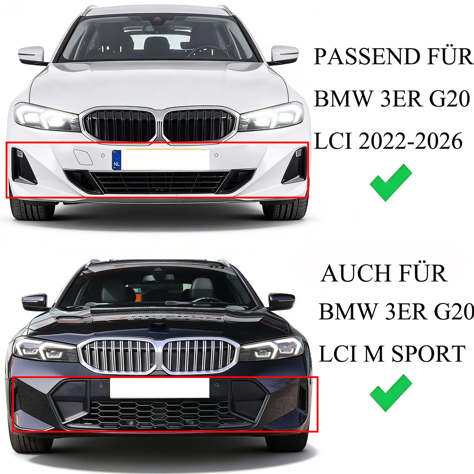 Sport Kühlergrill Nieren kompatibel mit BMW 3er G20 G21 Bj. 2022-2025 LCI Doppelsteg Glanz Schwarz Grill