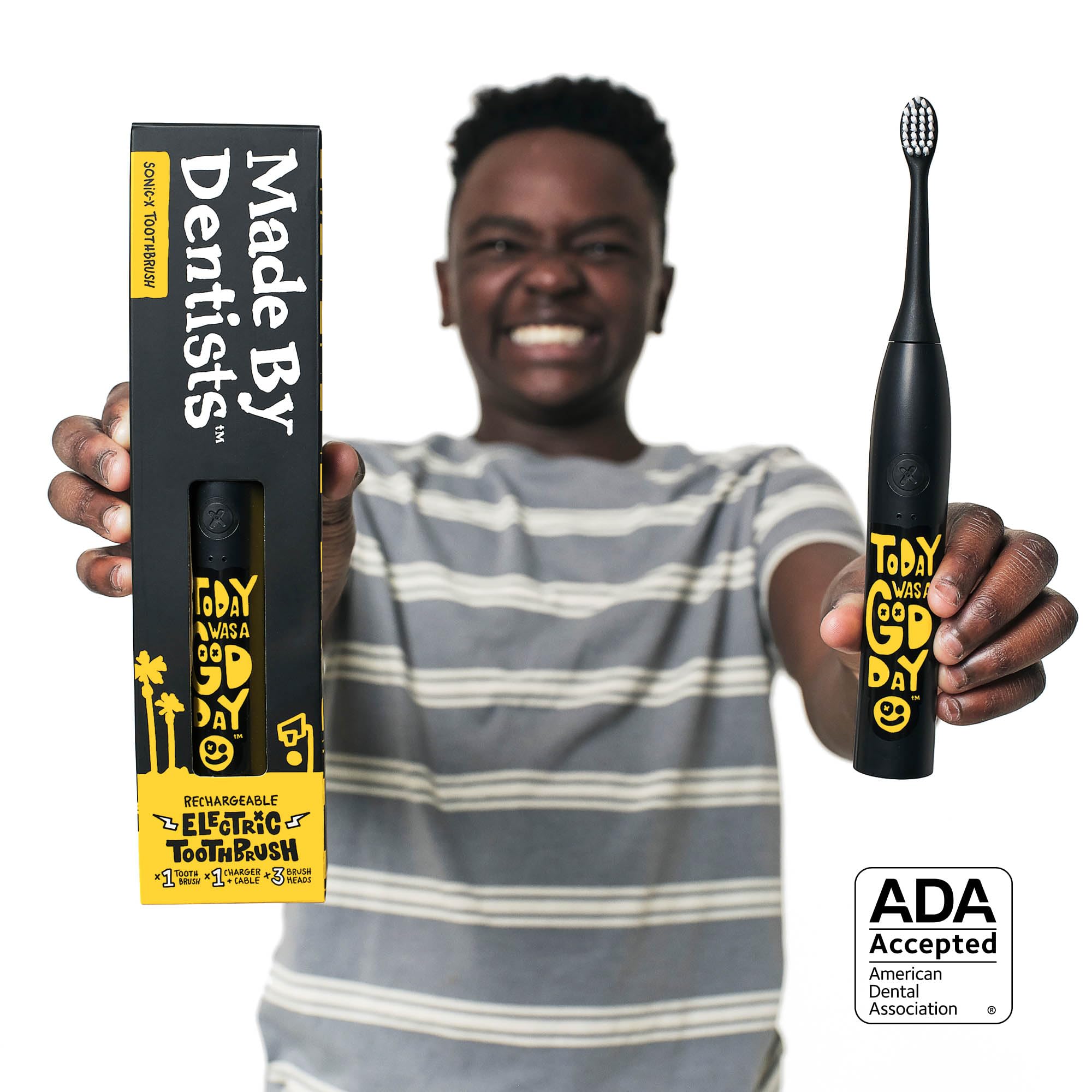 Made by Dentists Sonic X - Cepillo de dientes eléctrico recargable, 8 unidades de eliminación de placa, 2 modos de velocidad, temporizador de 2 minutos, 6 cabezales de cepillo incluidos, edición Today