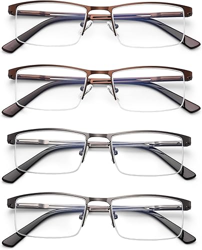Paquete de 4 lentes de lectura para hombres, rectangulares de metal ligero, lectores de luz azul para hombres