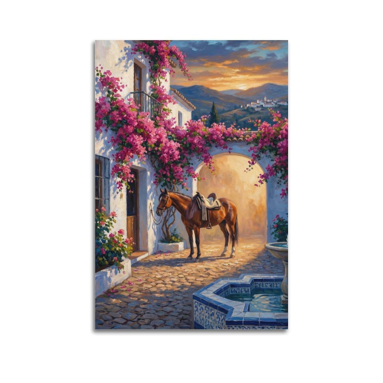 XKUGA Andalusian Horse Travel Poster Bougainvillea Courtyard Sunset Modern Decorative Canvas Prints - Ideal Wall Art for Family, Man Cave, Game Room, Boys & Girls Bedroom 20x30inch(50x75cm)