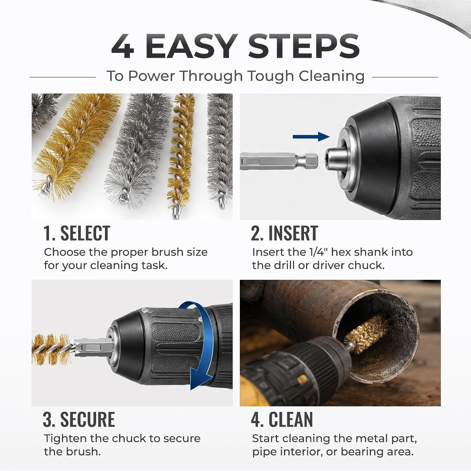 20 Pcs Stainless Steel Wire Bore Brush Set 8-19mm 1/4 Hex Shank for Drill