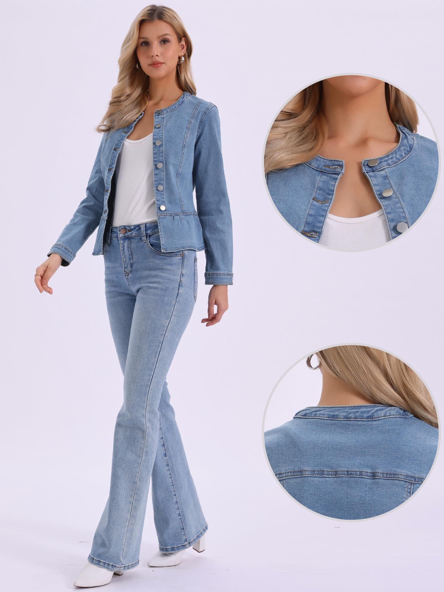 Allegra K Veste en Jean Femme Col Rond Ourlet Péplum Blouson Boutonnée Décontracté